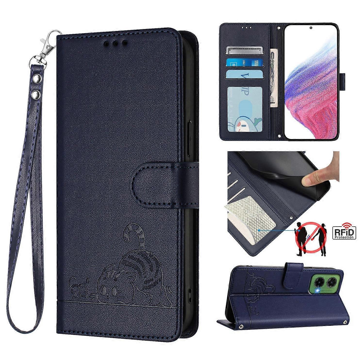For Google Pixel 9a Case with Strap RFID Blocking Leather Wallet Phone Cover Cat Mouse Pattern