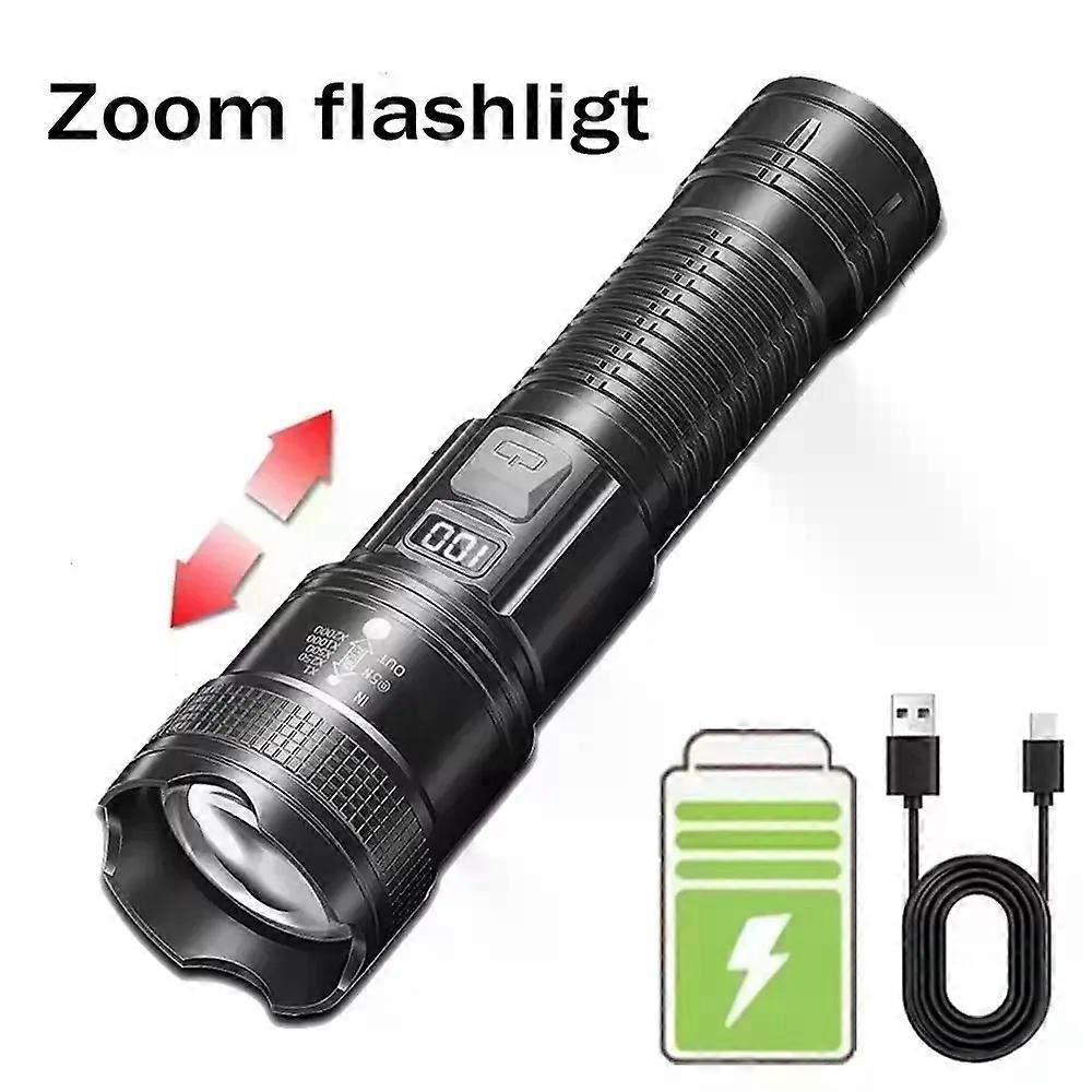 Ultra Bright LED Flashlight 2000LM Type-C Rechargeable Long Range Zoom Tactical Torch Outdoor Emergency Camping Fishing Lantern