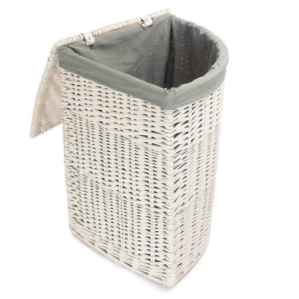 Corner White Wash Wicker Laundry Basket With Grey Sage Lining