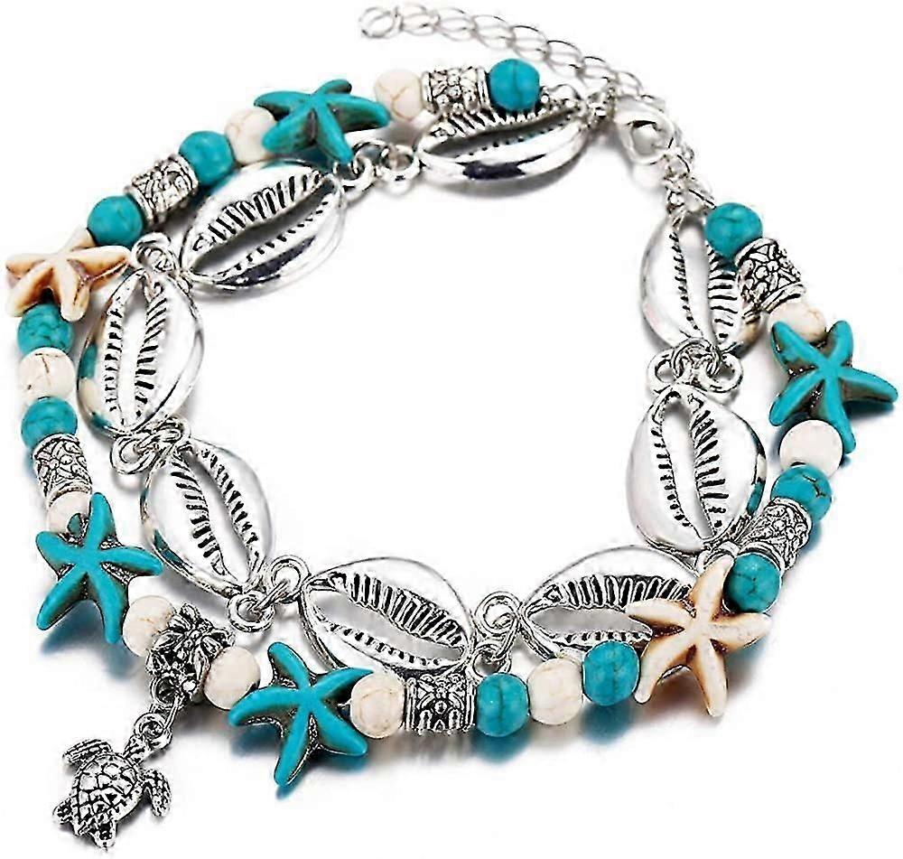 Starfish Shell Turtle Pendant Double Layer Beach Ankle Bracelets For Women Summer Anklets