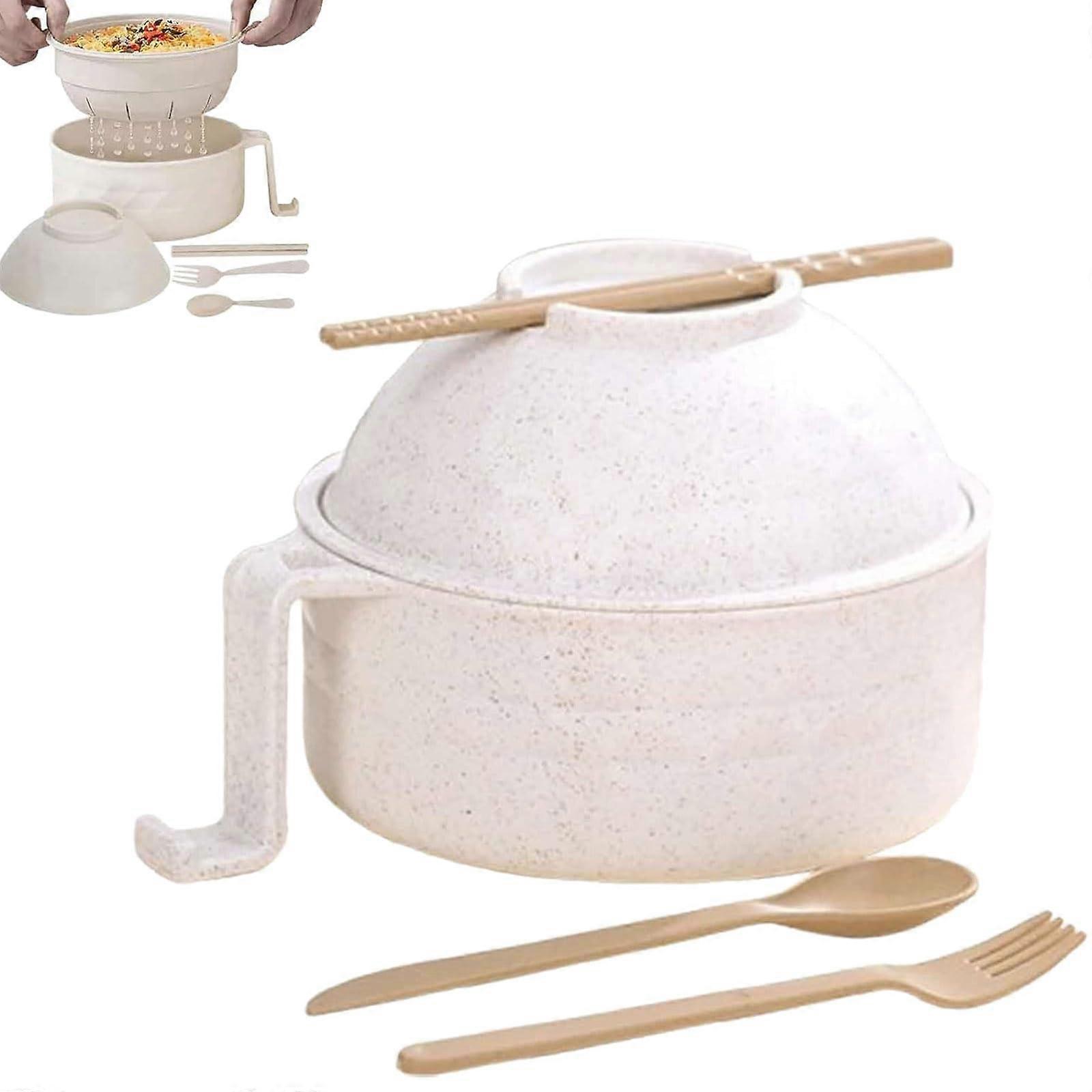 Microwave Ramen Bowl Set 6-Piece - Beige Noodle Cooker with Lid and Handle for Home Office Dorm Room College Use