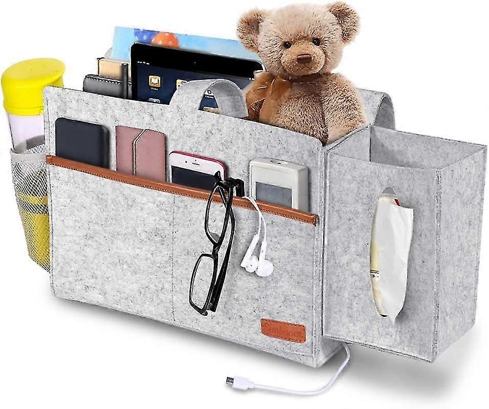 Bedside Storage Organizer with Tissue Box, Pockets for Remote, Tablet & More - Easy Install & Durable Felt Design