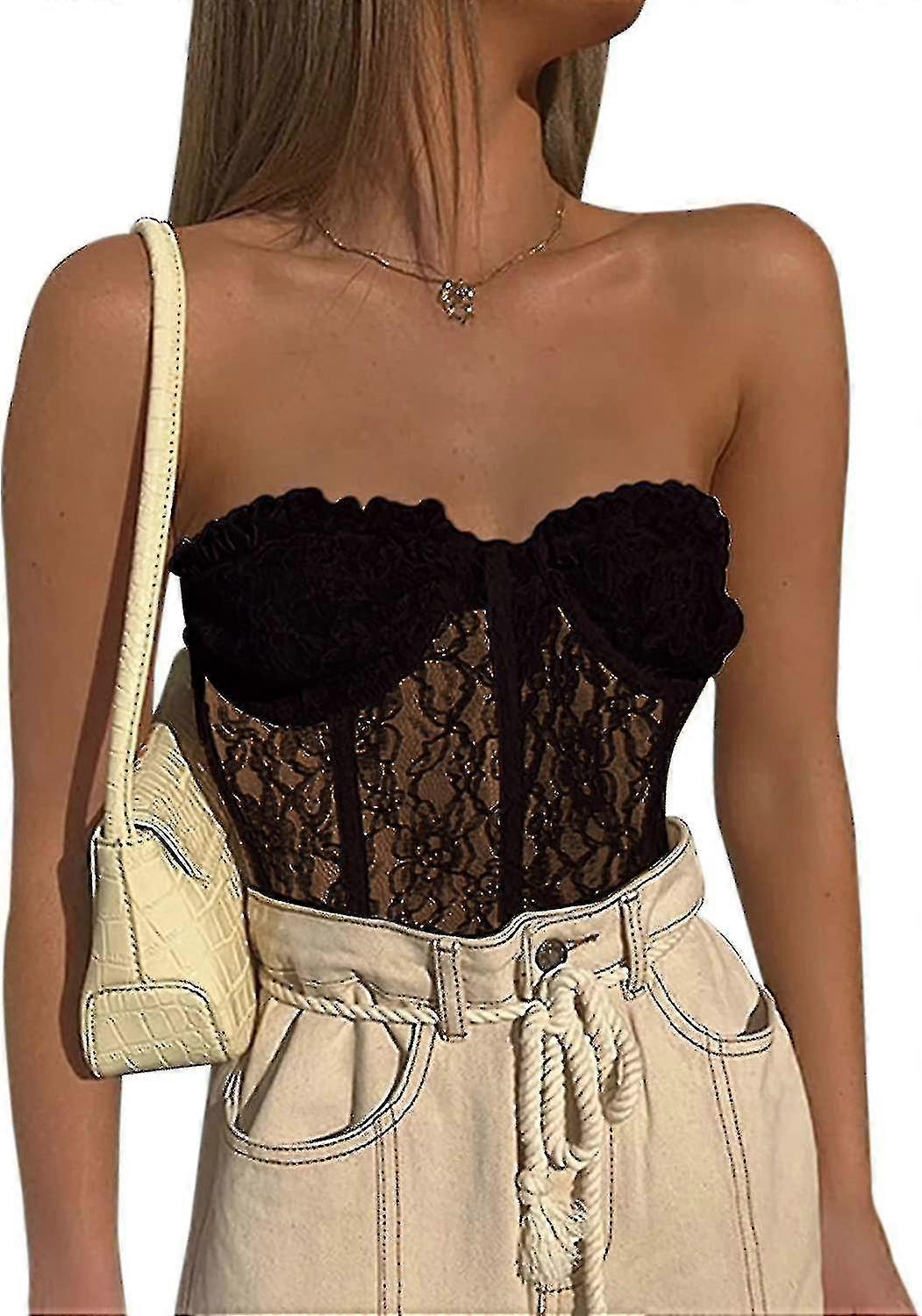 Femme Sexy Dentelle Floral Corset Top Patchwork Corset Sheer Mesh Cropped Tank Top Shirt