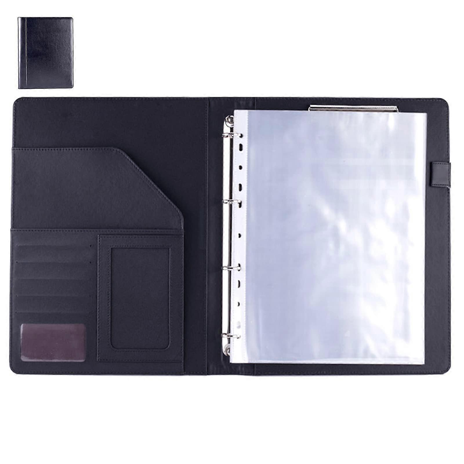 Leather Padfolio Ring Binder with Clipboard Resume Leather Portfolio with 20 Clear Plastic Sleeves Black