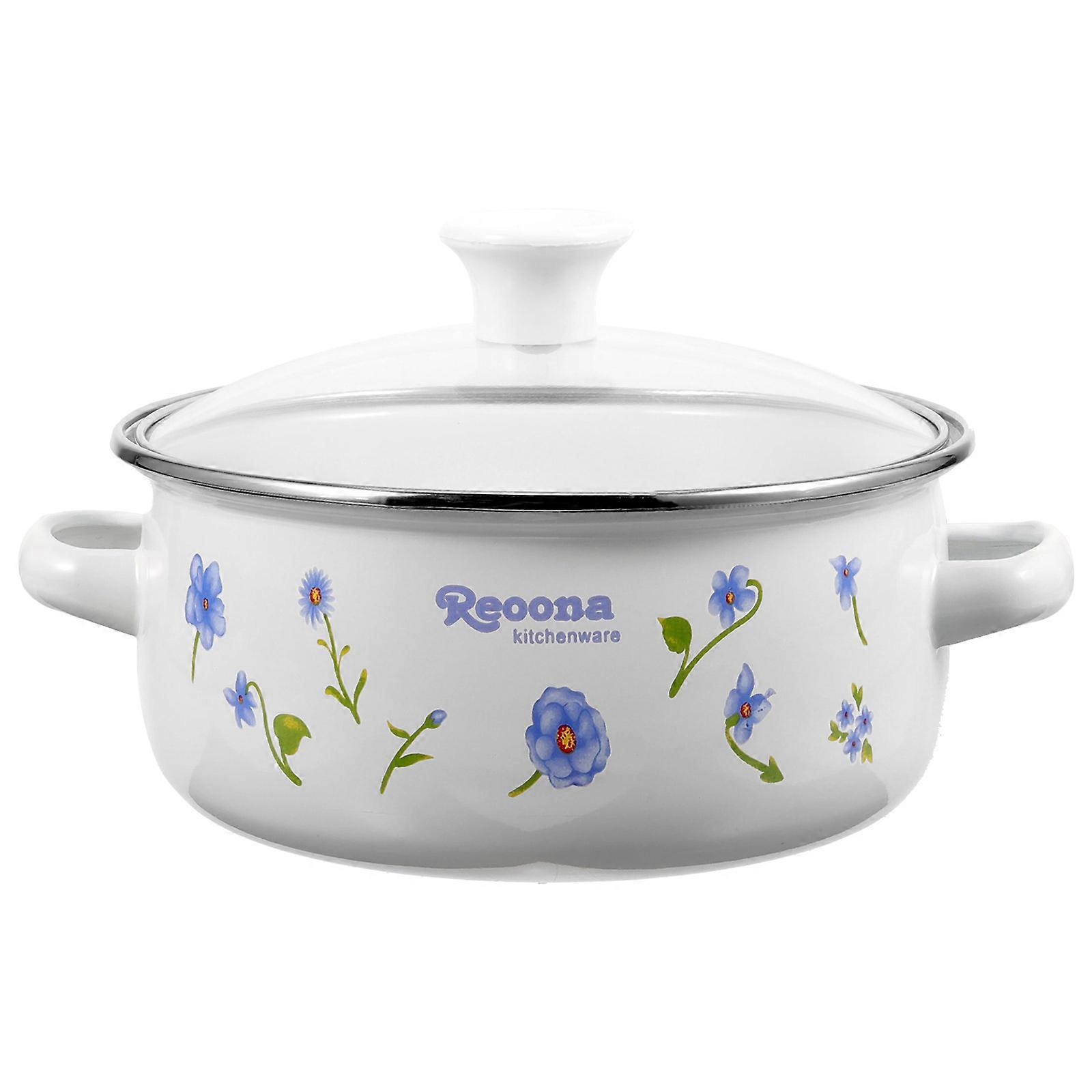 Retro Enamel Cooking Pot with Double Handles, Floral Design, Heat Insulated, Portable for Soup and Ribs