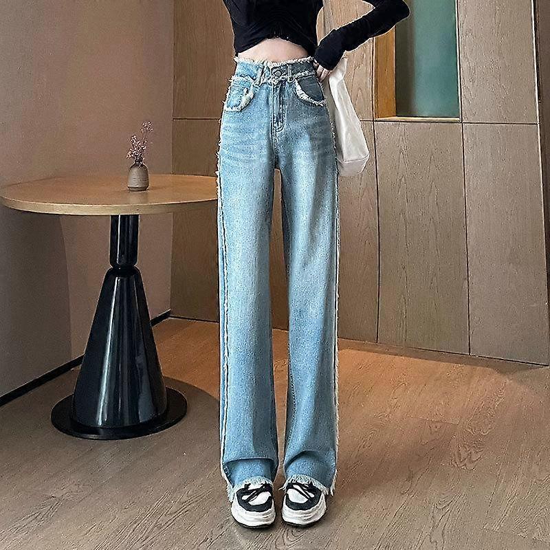 Raw Edge Wide Leg Jeans Women Spring and Autumn High-waisted Pear-shaped Figure Straight Pants Long Pants