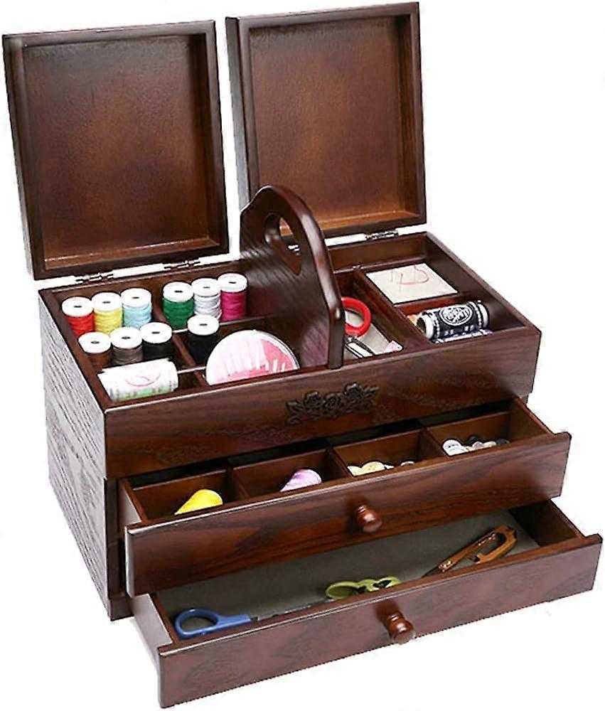 Sewing Box, Large Organizer with 2 Drawers, Wooden Craft Storage for Sewing Tools, Easy Carry for Home and Embroidery Projects