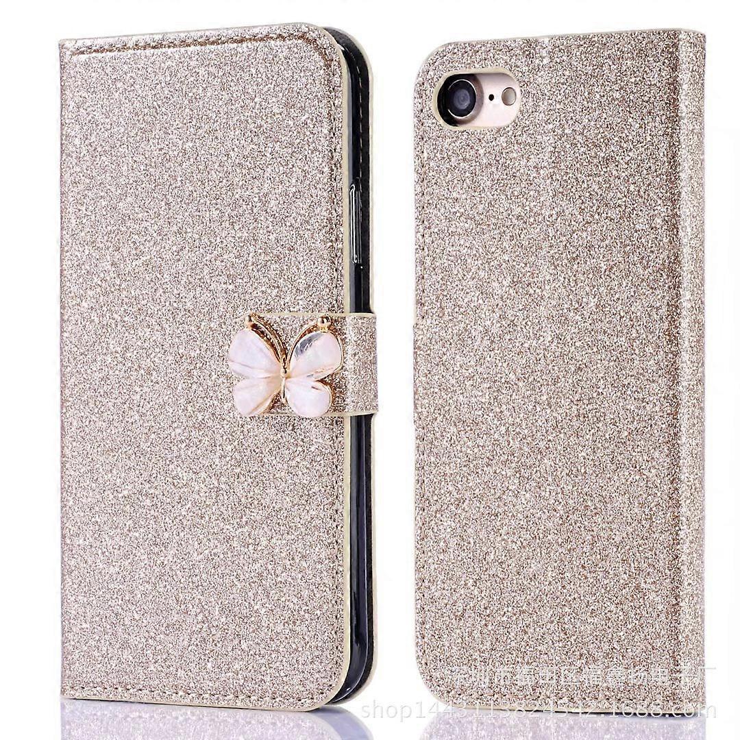 Veske Til Iphone 14 Pro Max Gull Sløyfe Glitter Diamantbesatt Lær Kortspor Flip Lommebok