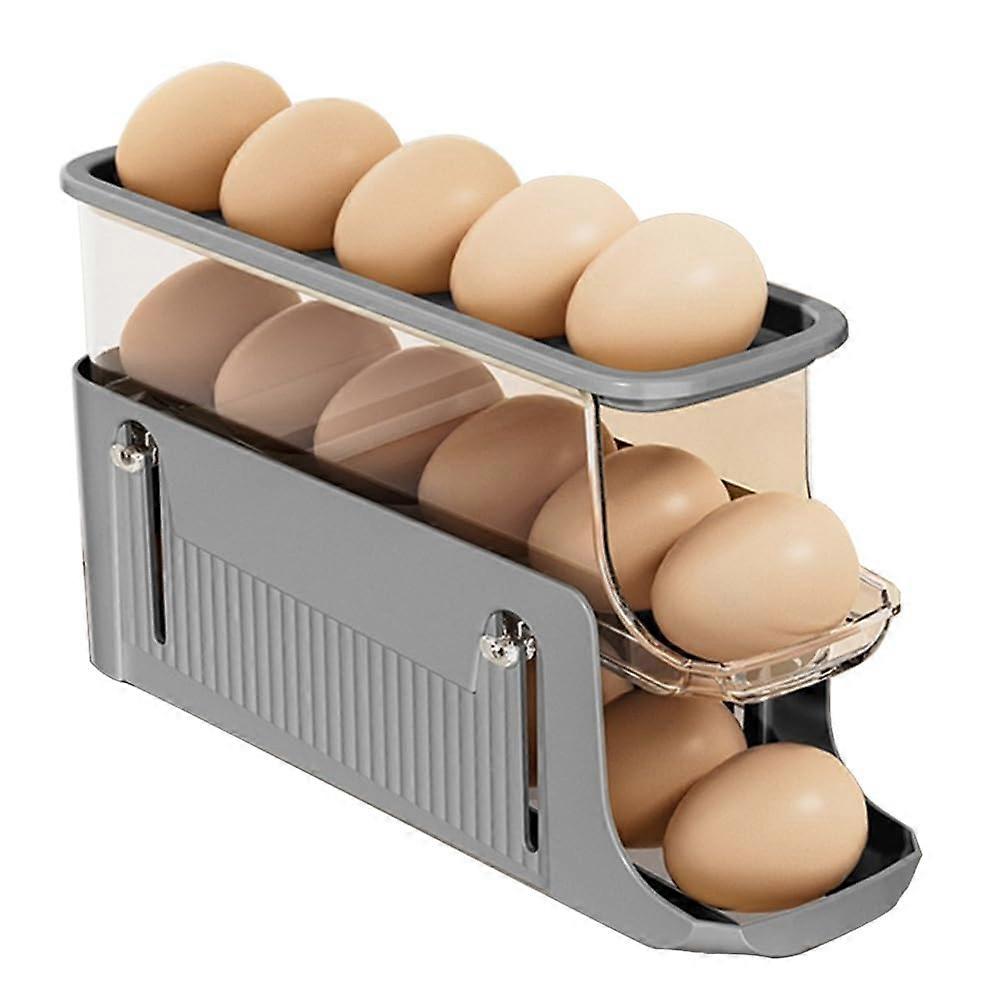 Egg Holder for Refrigerator, 3-Tier Automatic Dispenser, Space Saving Egg Tray Organizer, Gray Storage Box for Kitchen