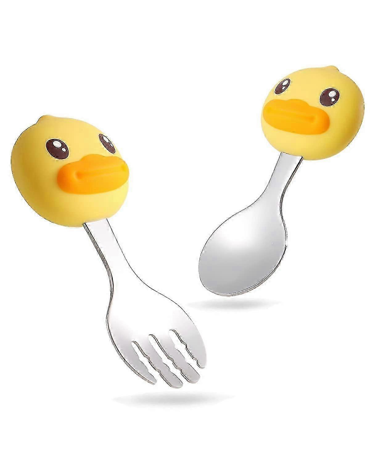 Cute Round Duck Handle Spoons and Forks Set for Toddler Safe Baby Led Weaning Supplies