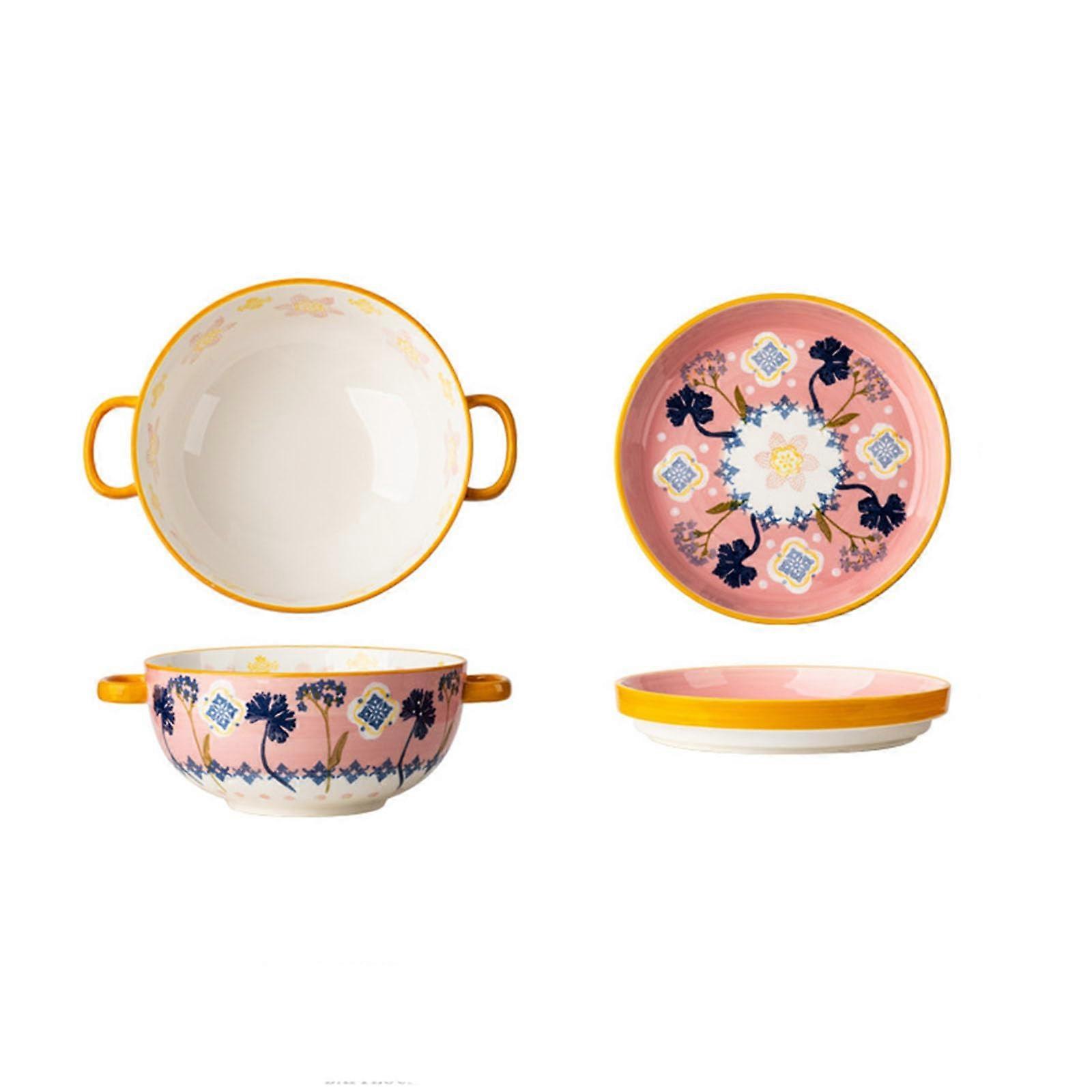 800 ml Soup Pot with Lid Bowl Pasta Bowls Salad Bowl Mixing Bowl Dough Bowl Crockery with Double Handle 6.5 Inches Pink