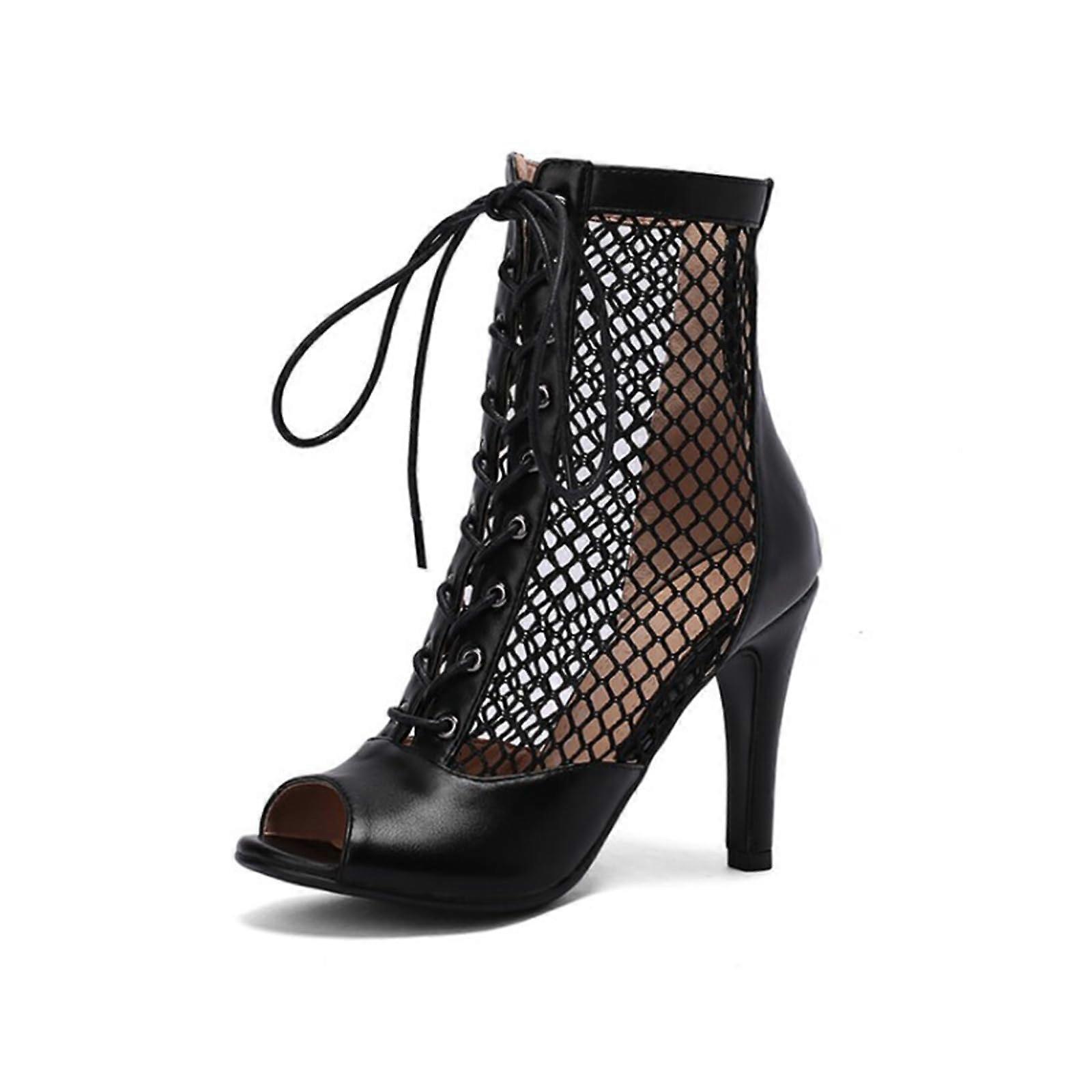 Women's Mesh Sandals Peep Toe High-Top Lace-Up Open Toe Black 9.5 cm Heel EU 39