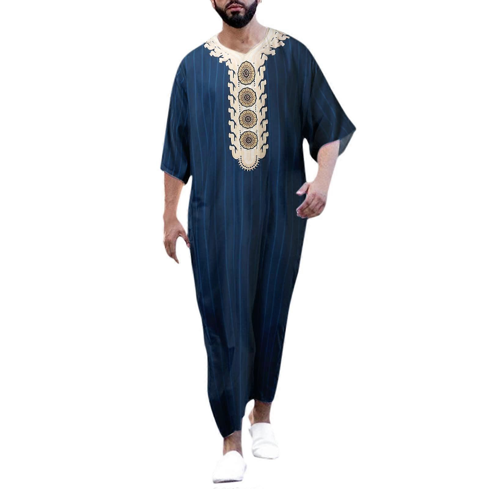 Men's Islamic Maxi Dress Kaftan Abaya Loose Long Sleeve Dark Blue