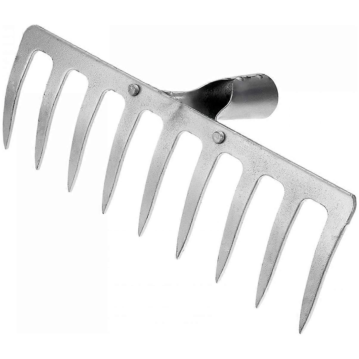 performance garden rake head for loosening and spreading soil in agriculture and gardening without handle, silvercolored