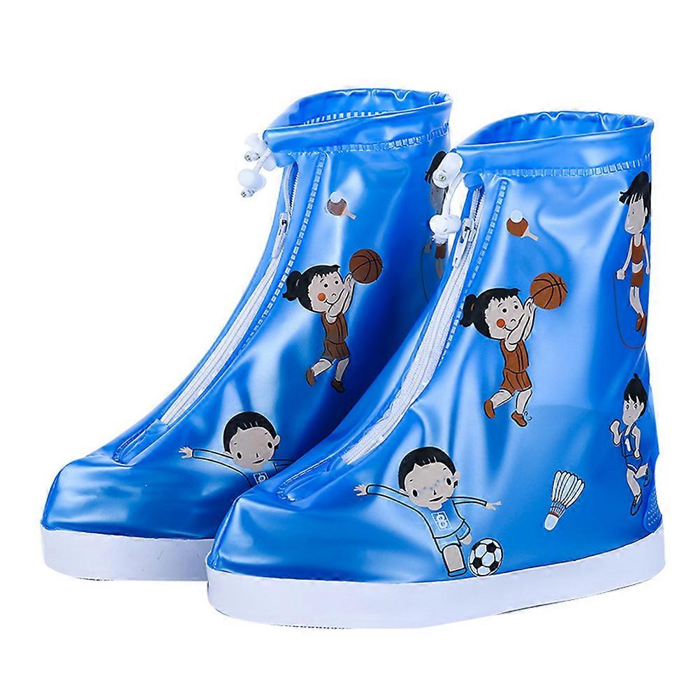 Rainproof Cartoon Pattern Zippered Closure Children Shoe Covers Blue XL Designed For Rainy Situations 1 Pair
