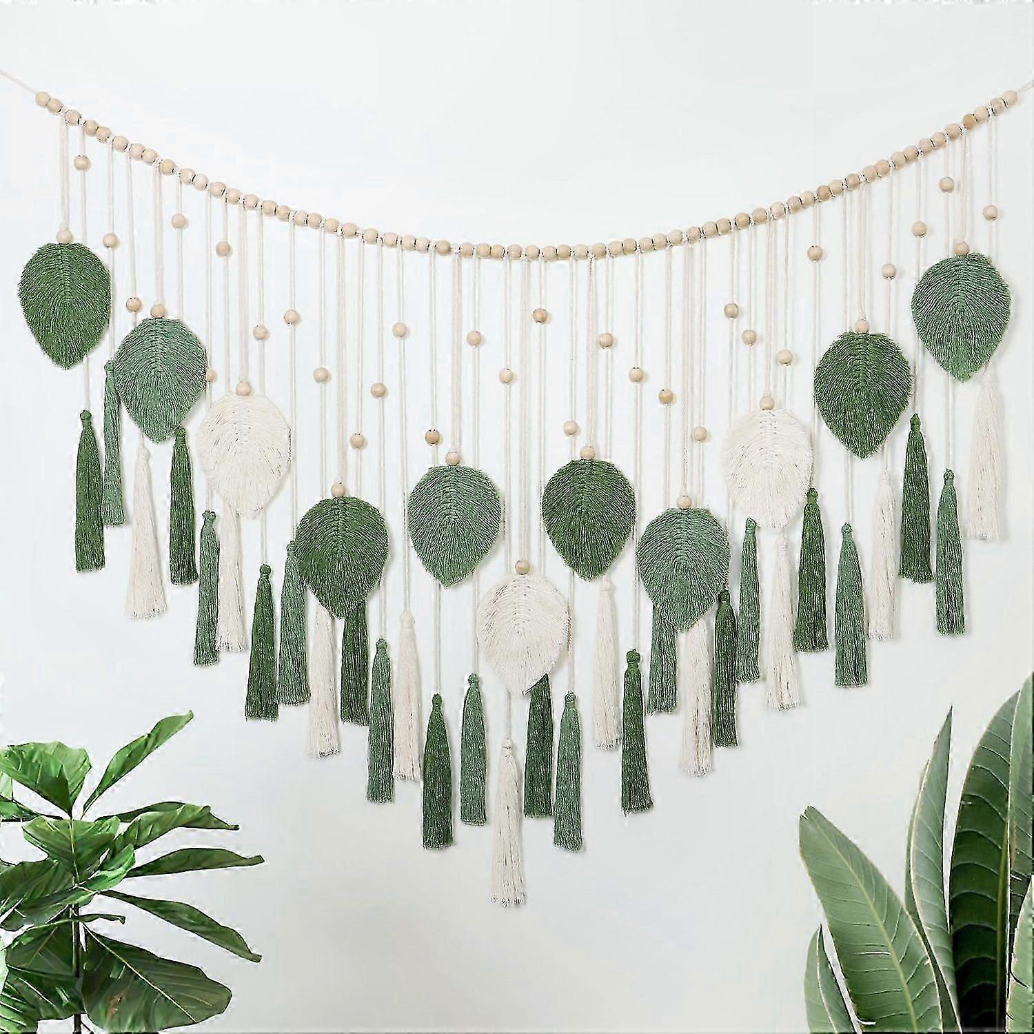 Leaf Tassel Tapestry with Wooden Beads, Natural Design Wall Hanging Decor for Home