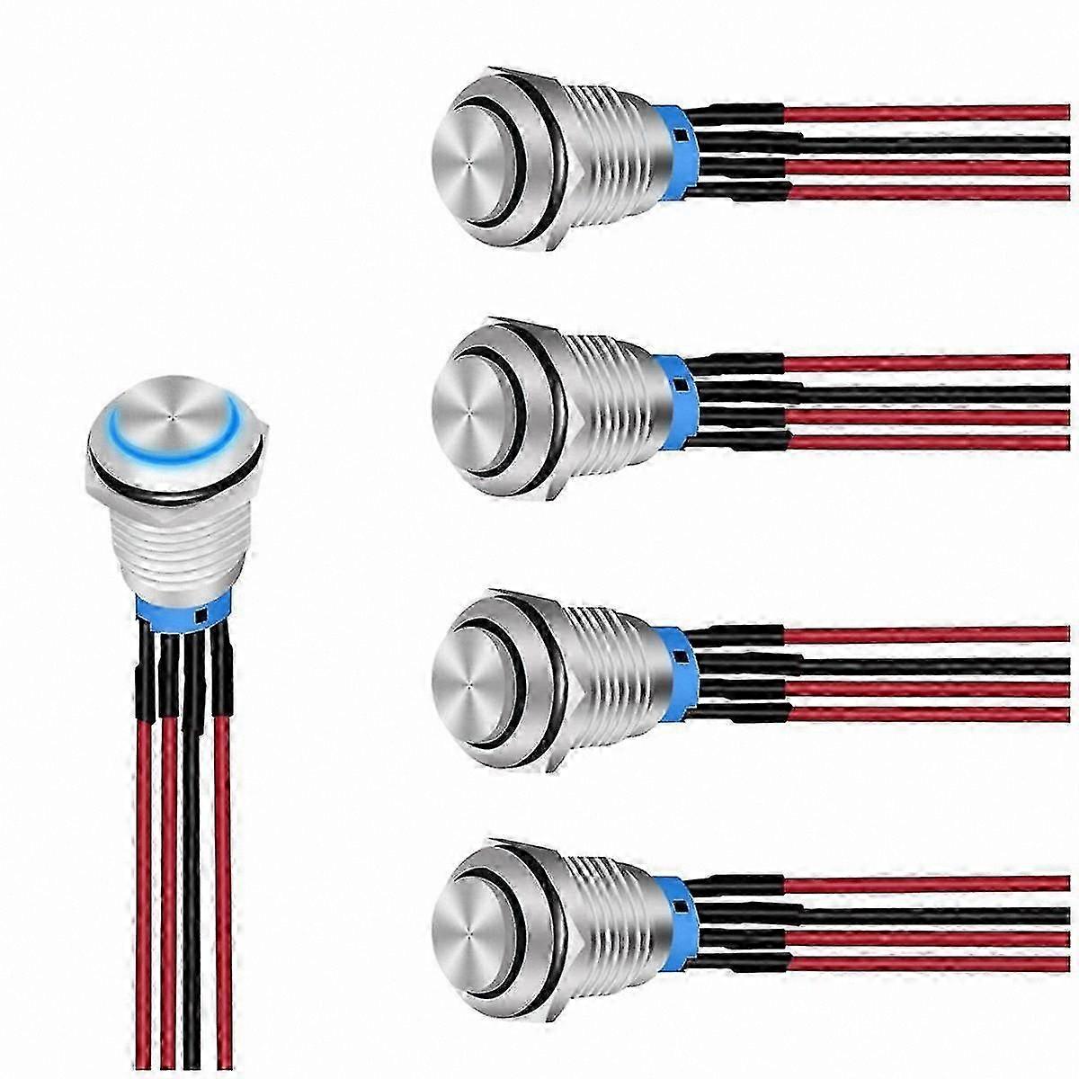 5PCS 12mm LED Push Button Switch with Pre-Wired Harness, 12V 24V Self-Locking Latching Round Waterproof