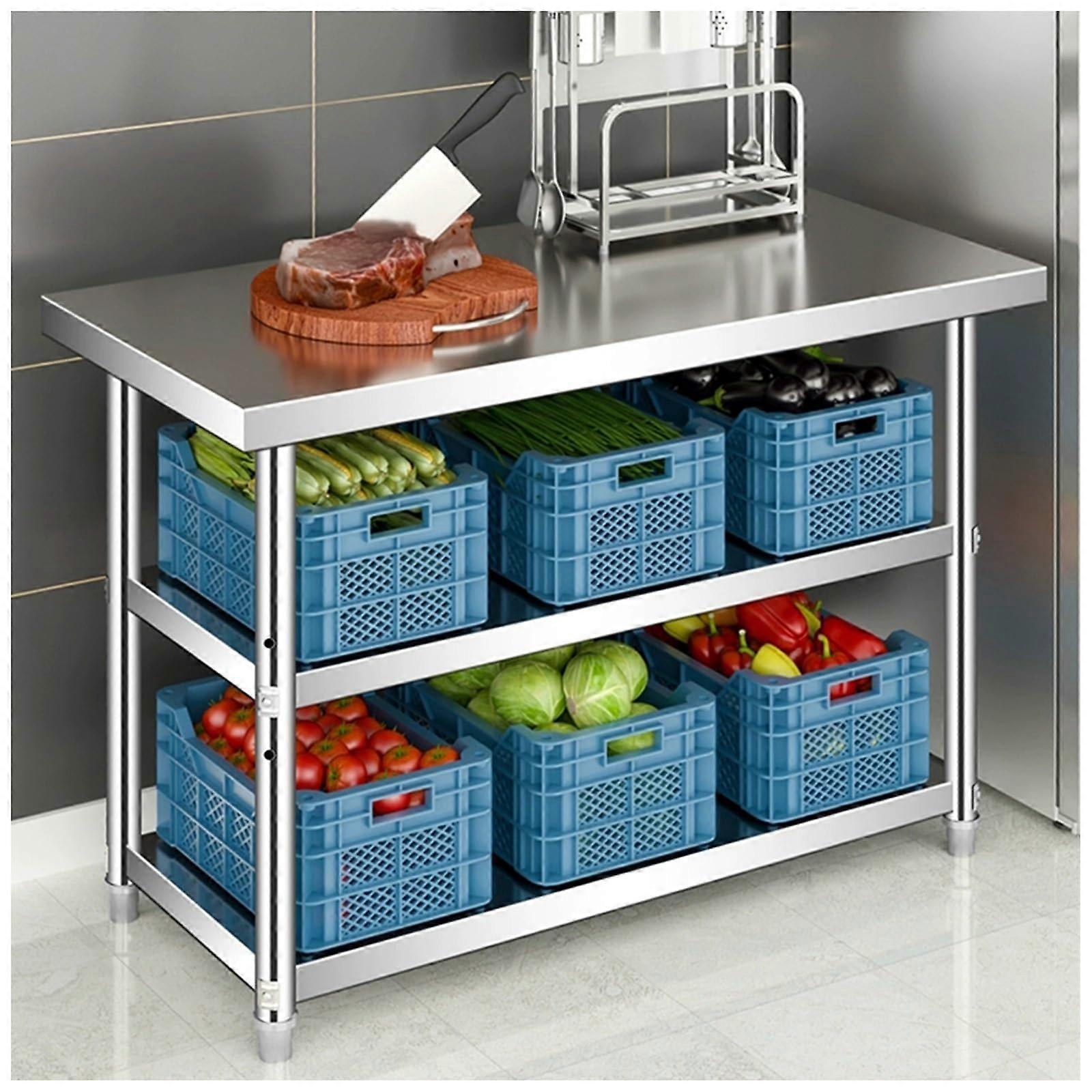 Three-Tier Stainless Steel Kitchen Preparation Table, Waterproof and Rust-Proof, Adjustable Legs, Open Storage, 90x40x80cm