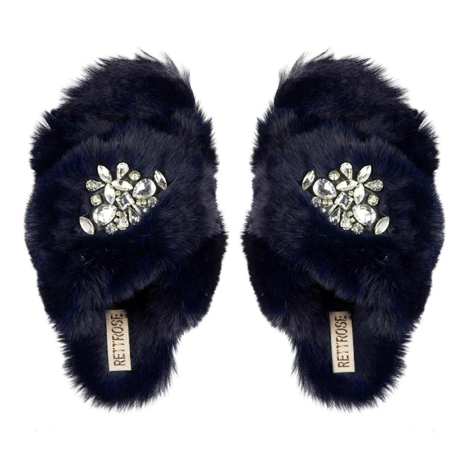Audrey navy luxury plush diamanté embellished handmade slipper
