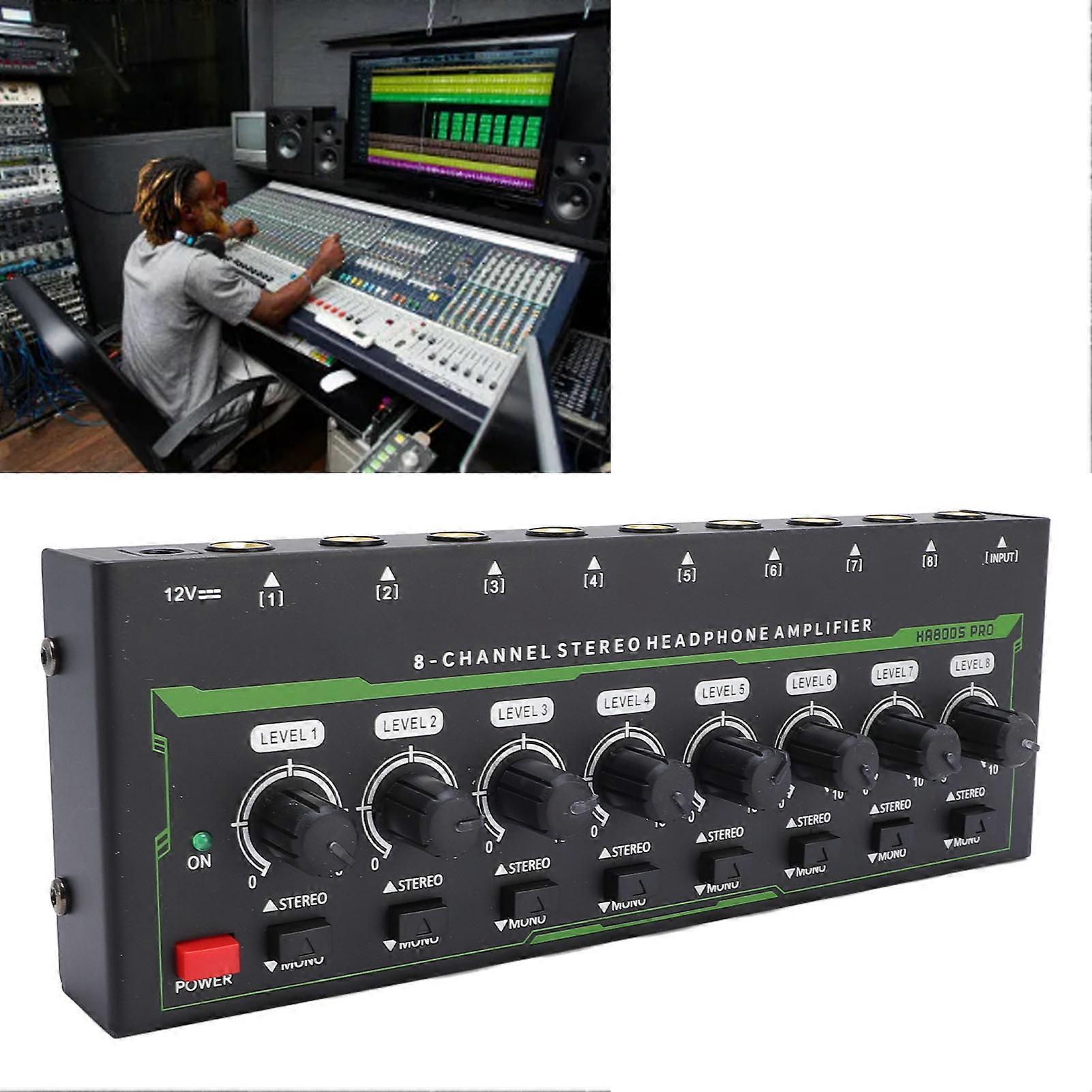 8 Channel Stereo Headphone Amplifier 6.35MM Interface Independent Volume Control Headphone Amp with RGB Light US Plug 