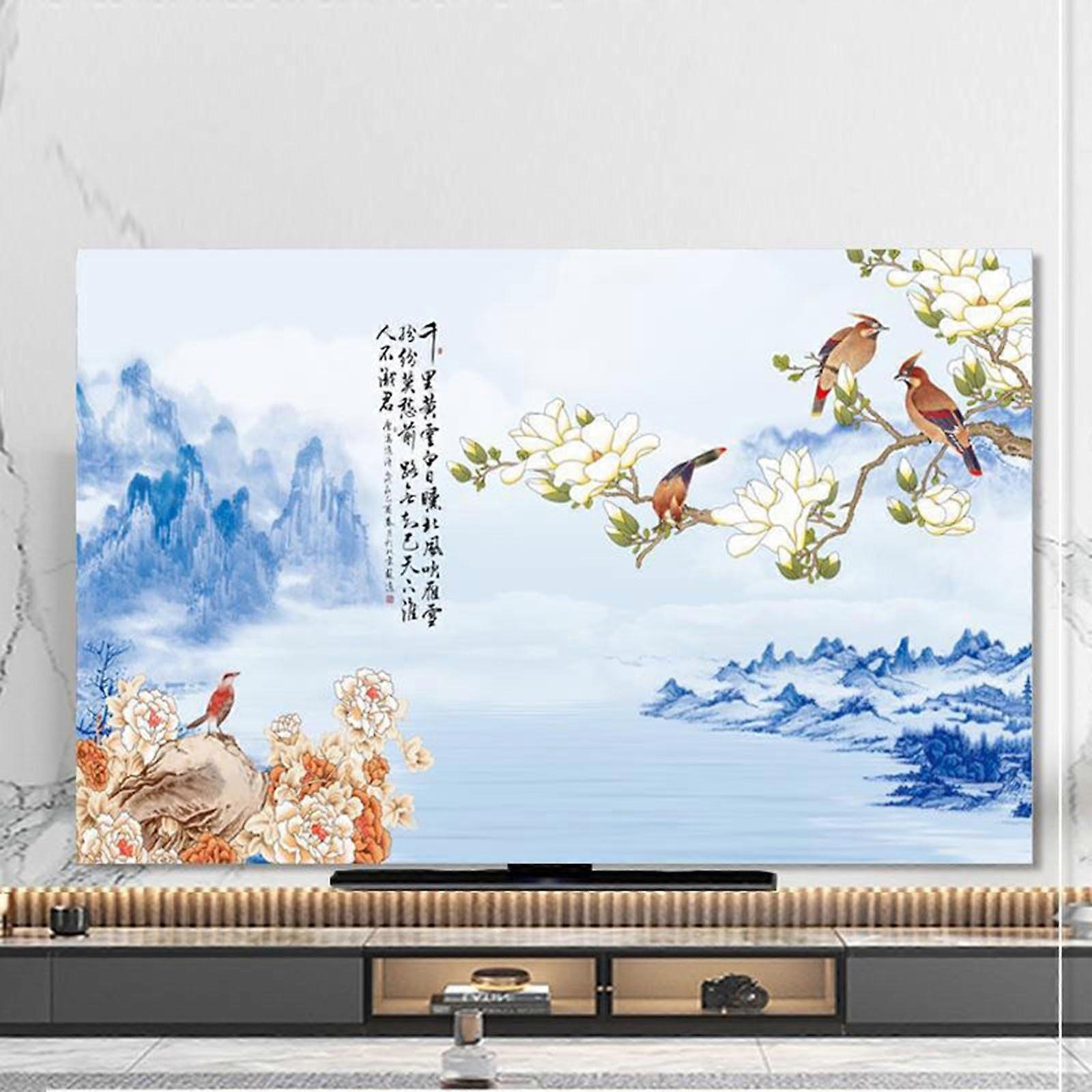 Landscape Painting TV Cover, Chinese Style Pattern Elastic Dust Cover for 32-80 Inch TVs, Size 55 Inch, Color 33