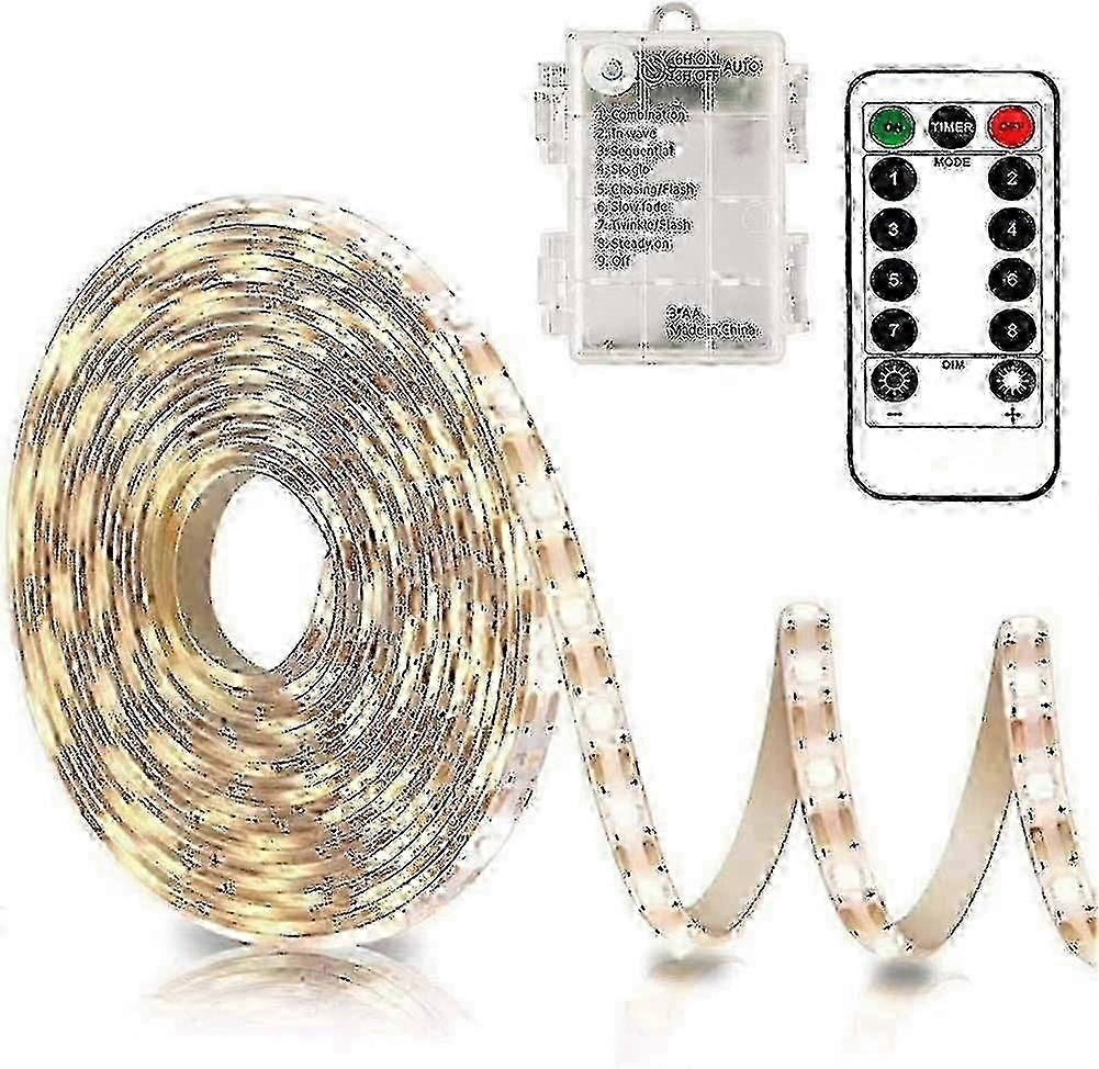 3m Battery LED Strip Lights with Remote Control, 90 LED Lights Strip Waterproof, 8 Modes, Dimmable, Timer, Self-Adhesive, Cuttable(Warm White)