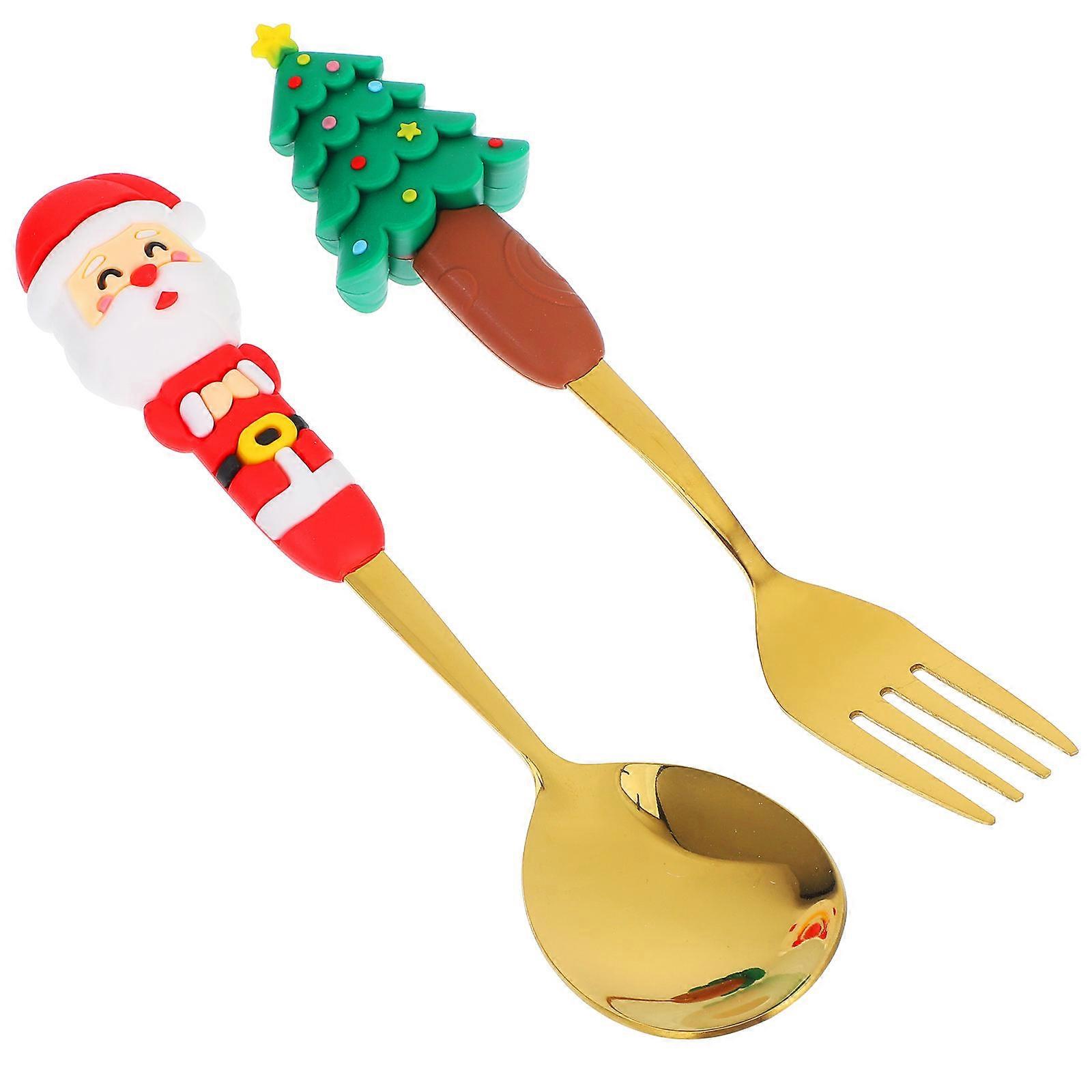 Christmas Stir Spoon and Fork Set for Festive Dining 5Sets Stainless Steel