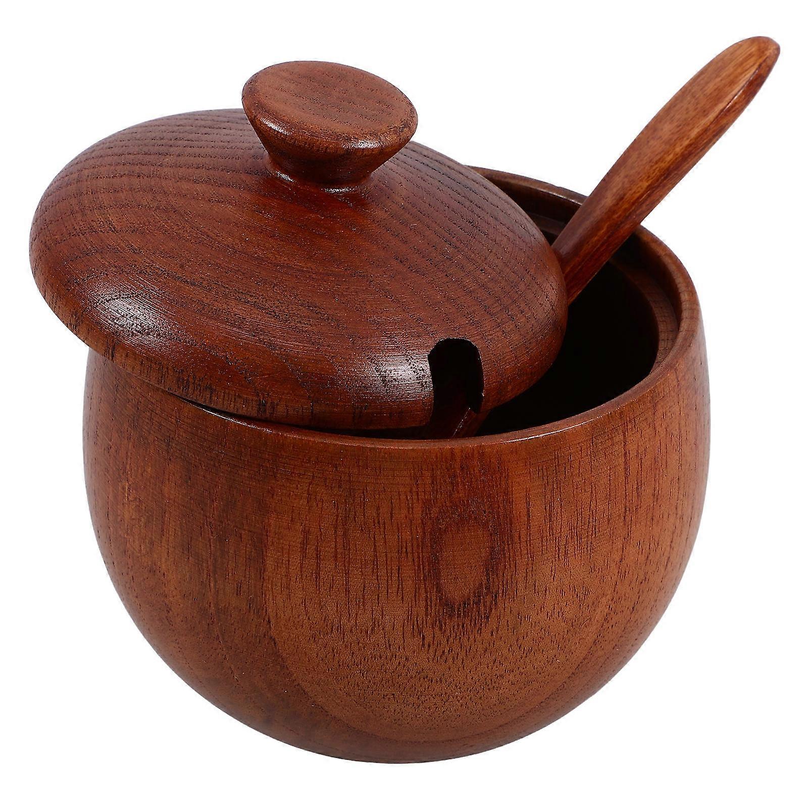 Wooden Sugar Jar with Spoon and Lid for Kitchen 2Sets Small Storage Jars