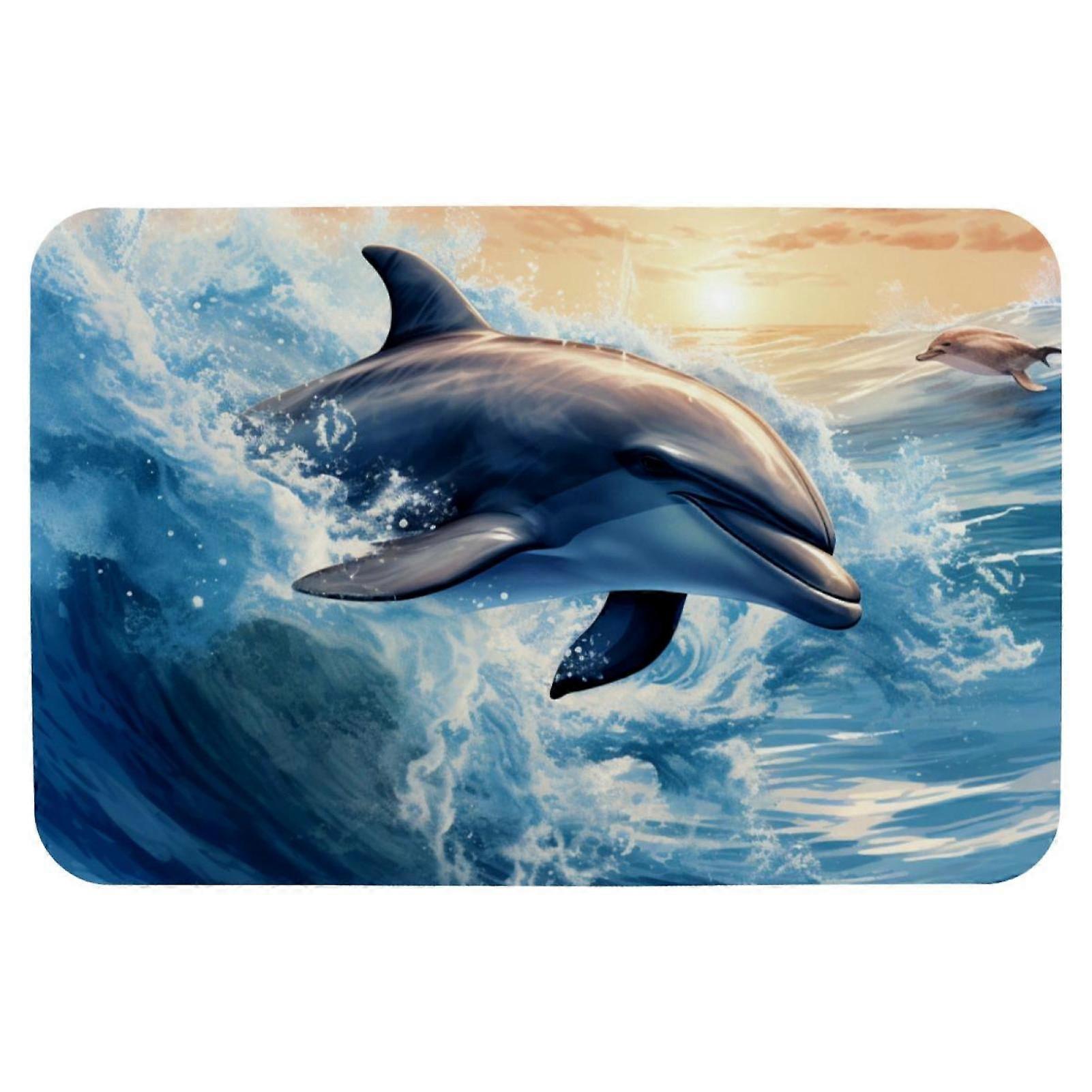 16x24in Painted Dolphin Memory Foam Bathroom Rug, Machine Washable, Non-Slip, Quick Dry, Soft & Absorbent Bath Mat compatible with Leathaire