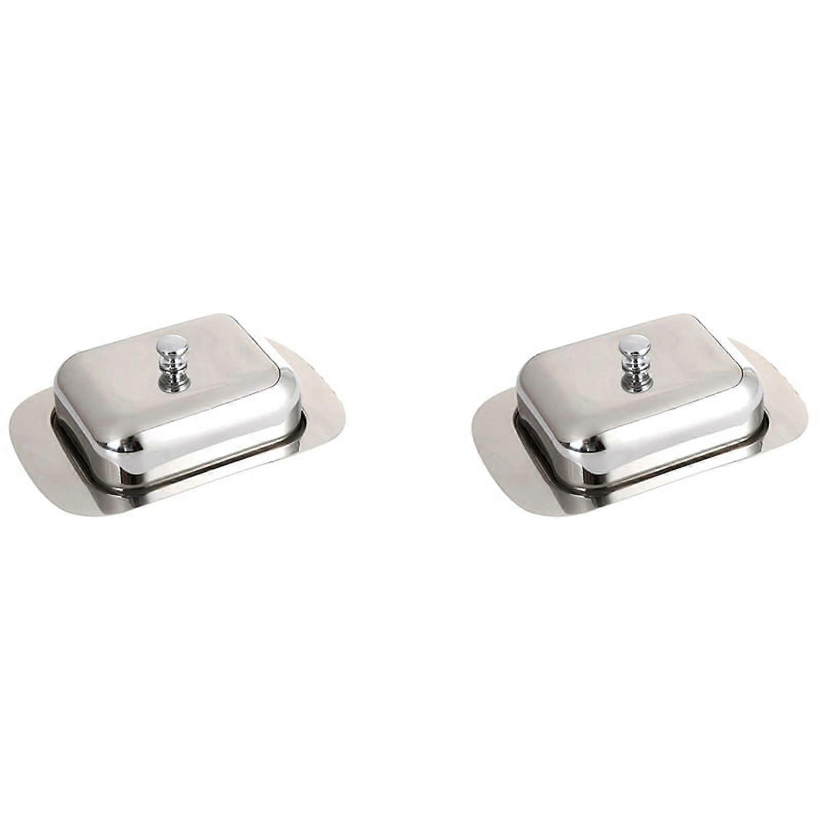 2X Luxious Stainless Steel Butter Dish Box Container Shiny Cheese Server Storage Keeper Tray with Easy to Hold Lid
