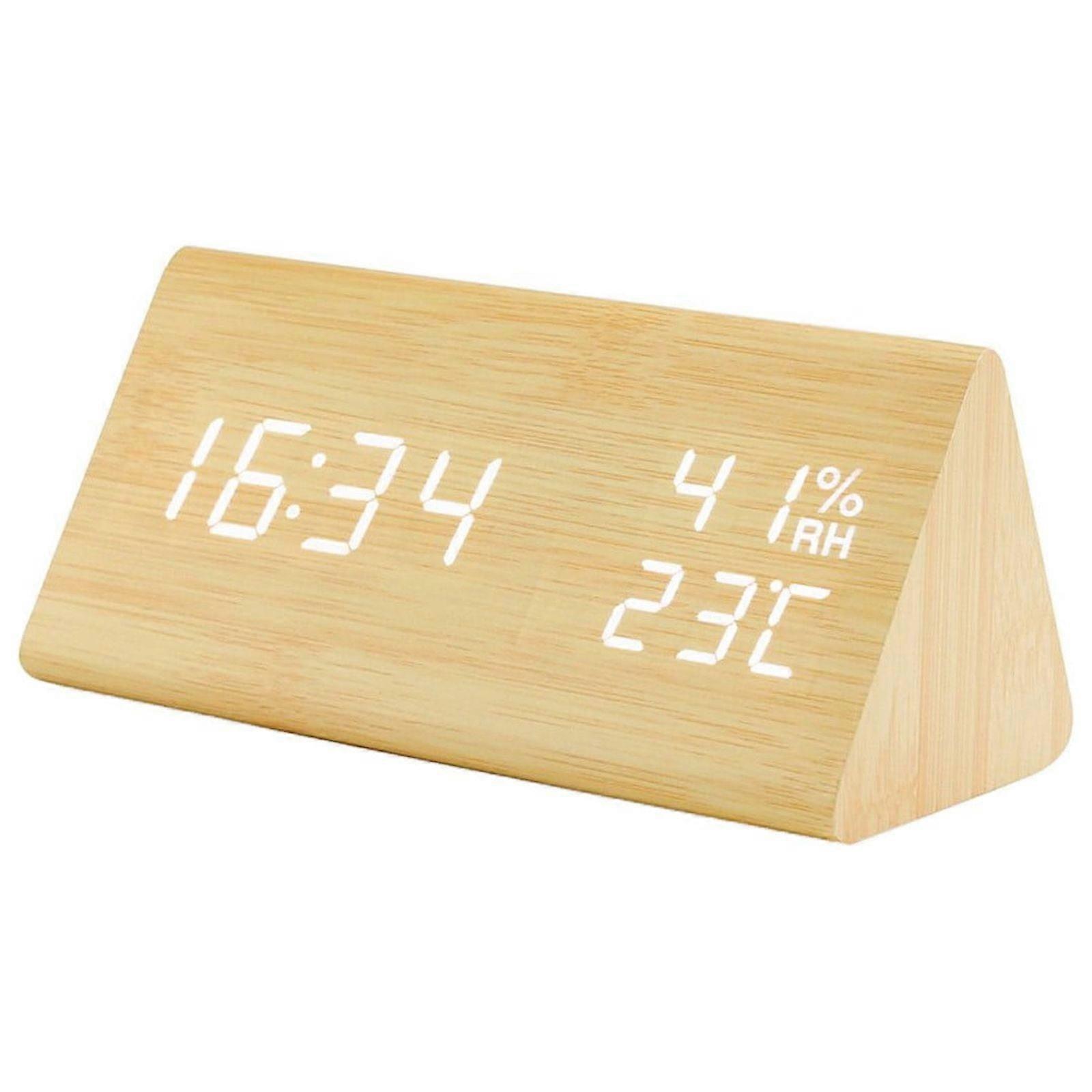 Wooden Digital Alarm Clock with LED Display, Adjustable Brightness, Temperature & Humidity, Voice Control - Compatible with XXX