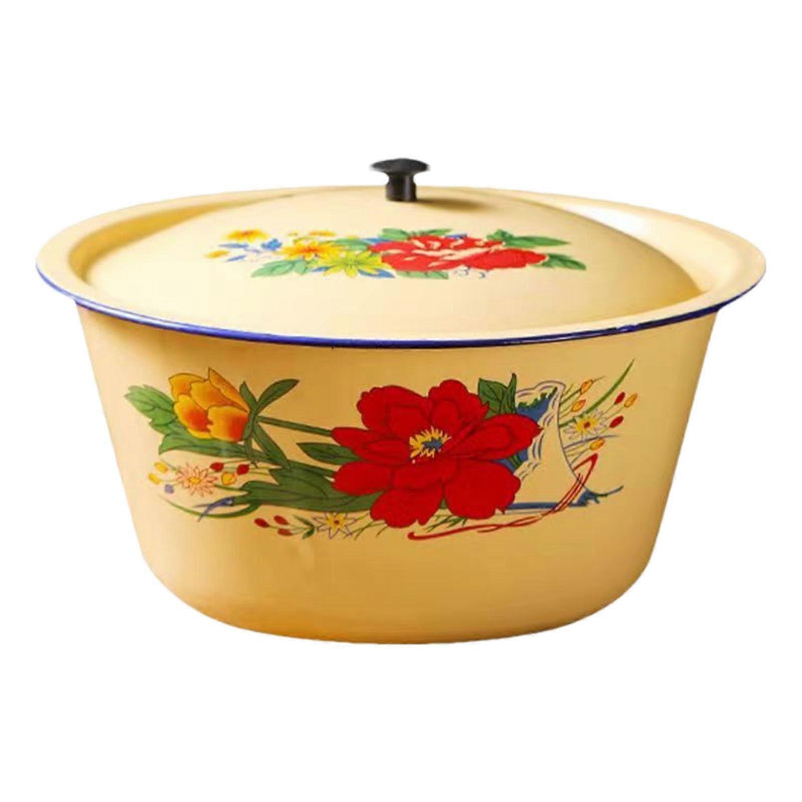 Enamel Soup Basin with Lid Vintage Enamelware Bowl for Ramen Rice Noodles Cereal
