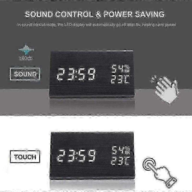 w Digital Alarm Clock, Adjustable Brightness Voice Control Desk Wooden Alarm Clock, Large Display Time Temperature, Rechargeable Battery