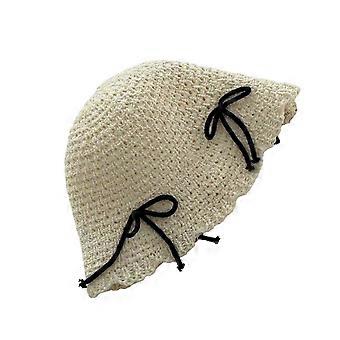 Girls Teens Crochet Bucket Hat with Bowknot Decals Woman Straw Weaving Floppy Hat Teens Summer Spring Camping Sun Hat  white black line