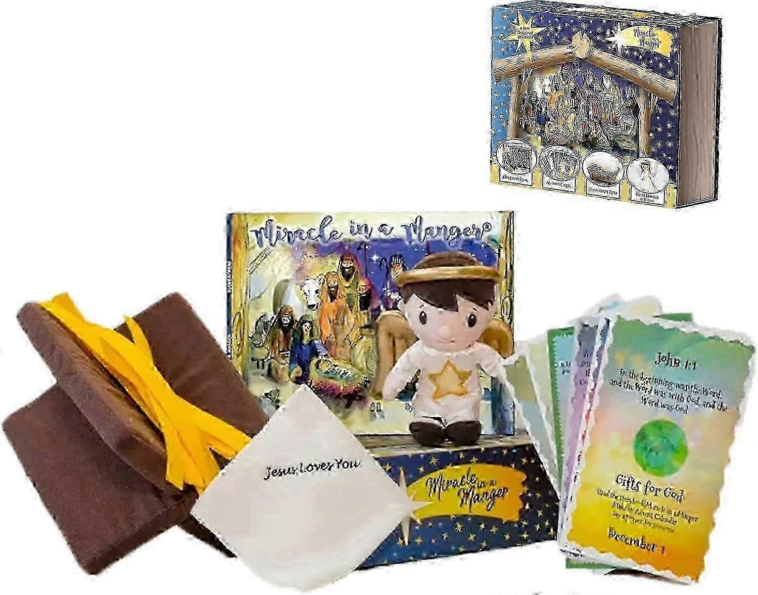 Miracle in A Manger Plush Set with A Book, 25 Days of Christmas Activities,Jesus Plush with Manger,Straw & Activity Cards,for Great Ch