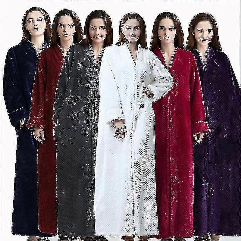 Womens Fleece Robe Plush Long Zip Front Bathrobe -Q