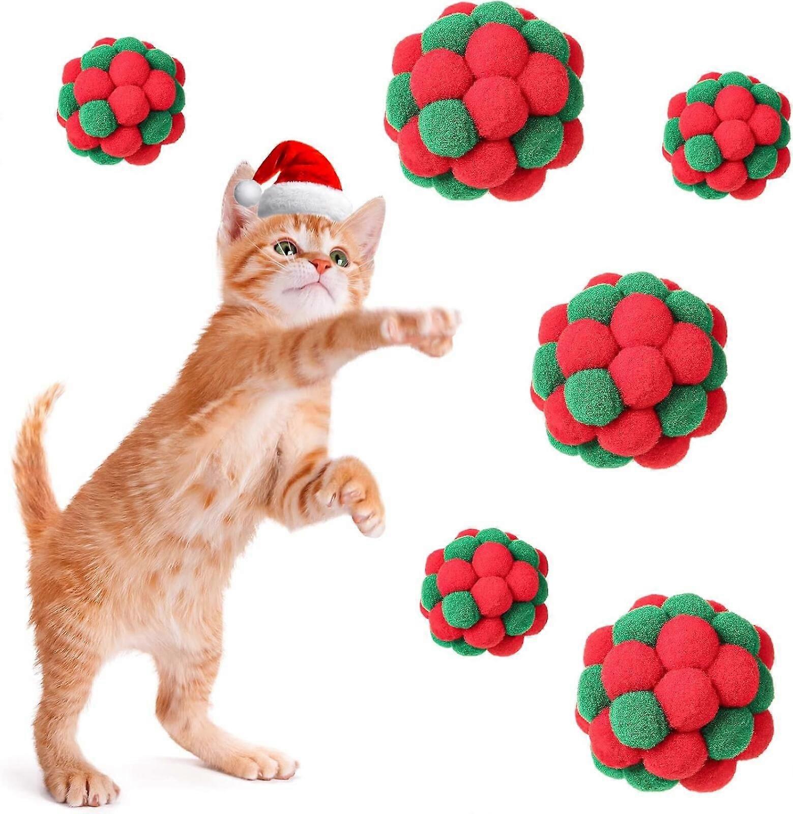 6Pcs Christmas Cat Toy Balls with Bell - Soft Fuzzy Red Green Interactive Kitten Toys, Colorful Squeaky Plush Balls for Indoor Cats Play & Exercise