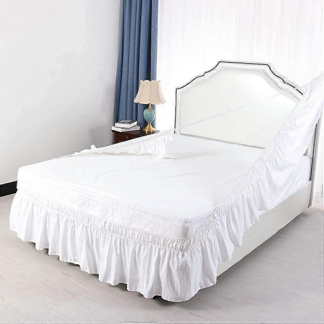 Ruffle Bed Skirt Wrap with Elastic Band for Single Double Super King Beds, Grey Trim 152x203cm, 38cm Drop, White
