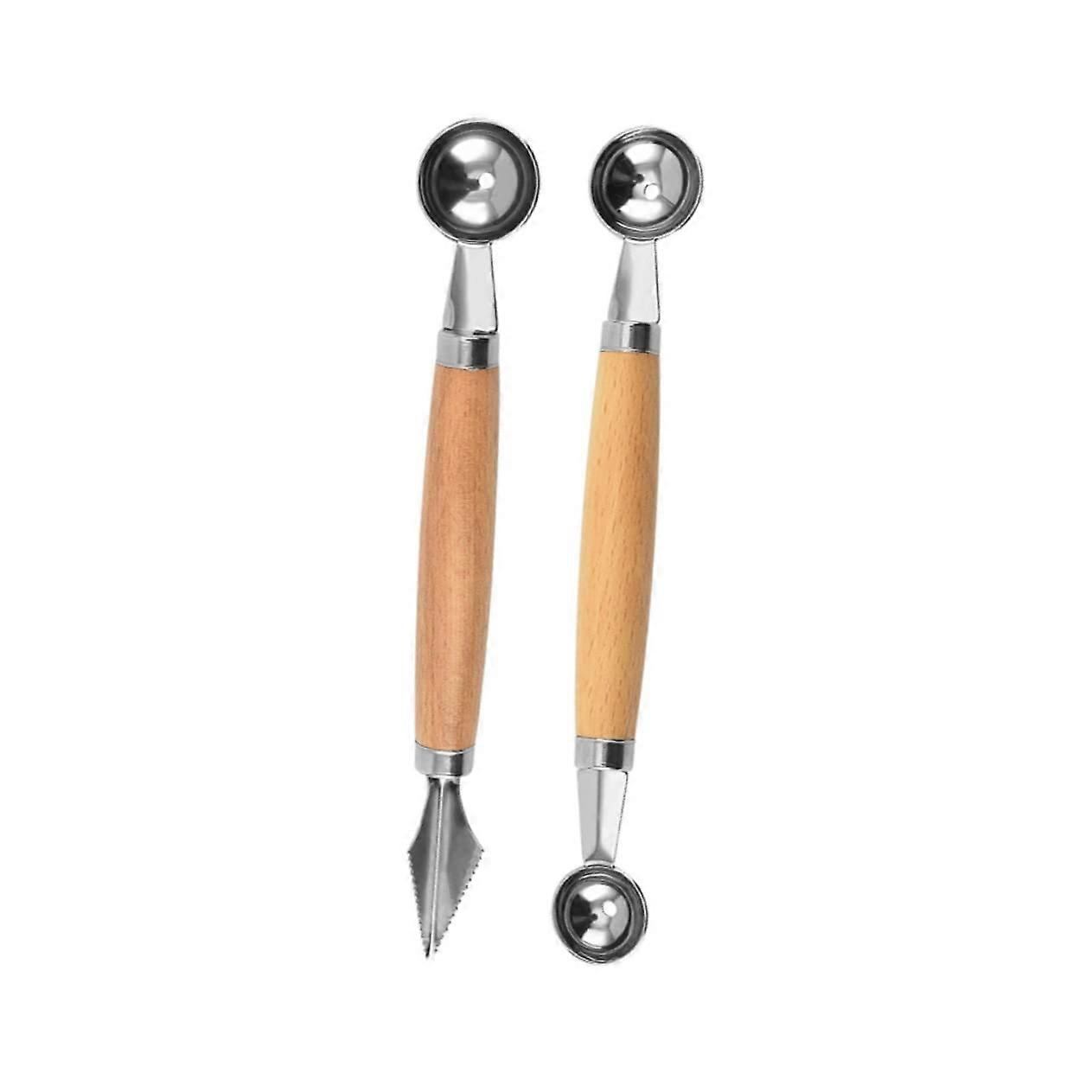 2pcs Stainless Steel Melon Baller Fruit Scoop with Beech Handle for Watermelon and Cucumber