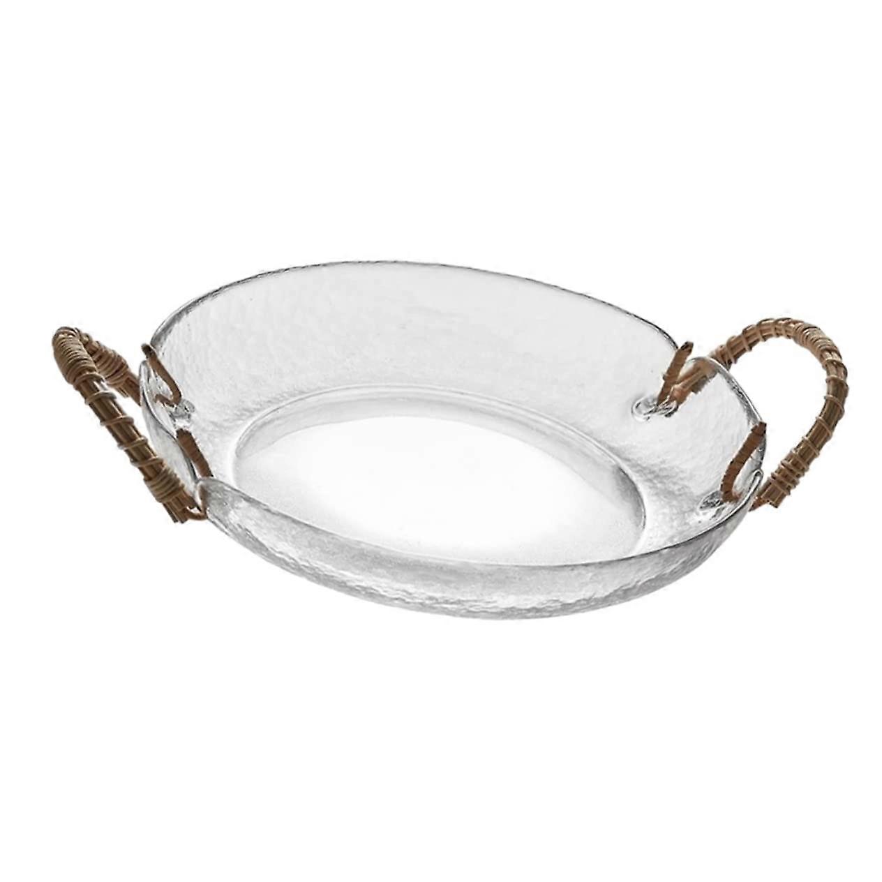Glass Fruit Bowl with Rattan Handle Elegant Clear Serving Tray for Snacks and Centerpiece