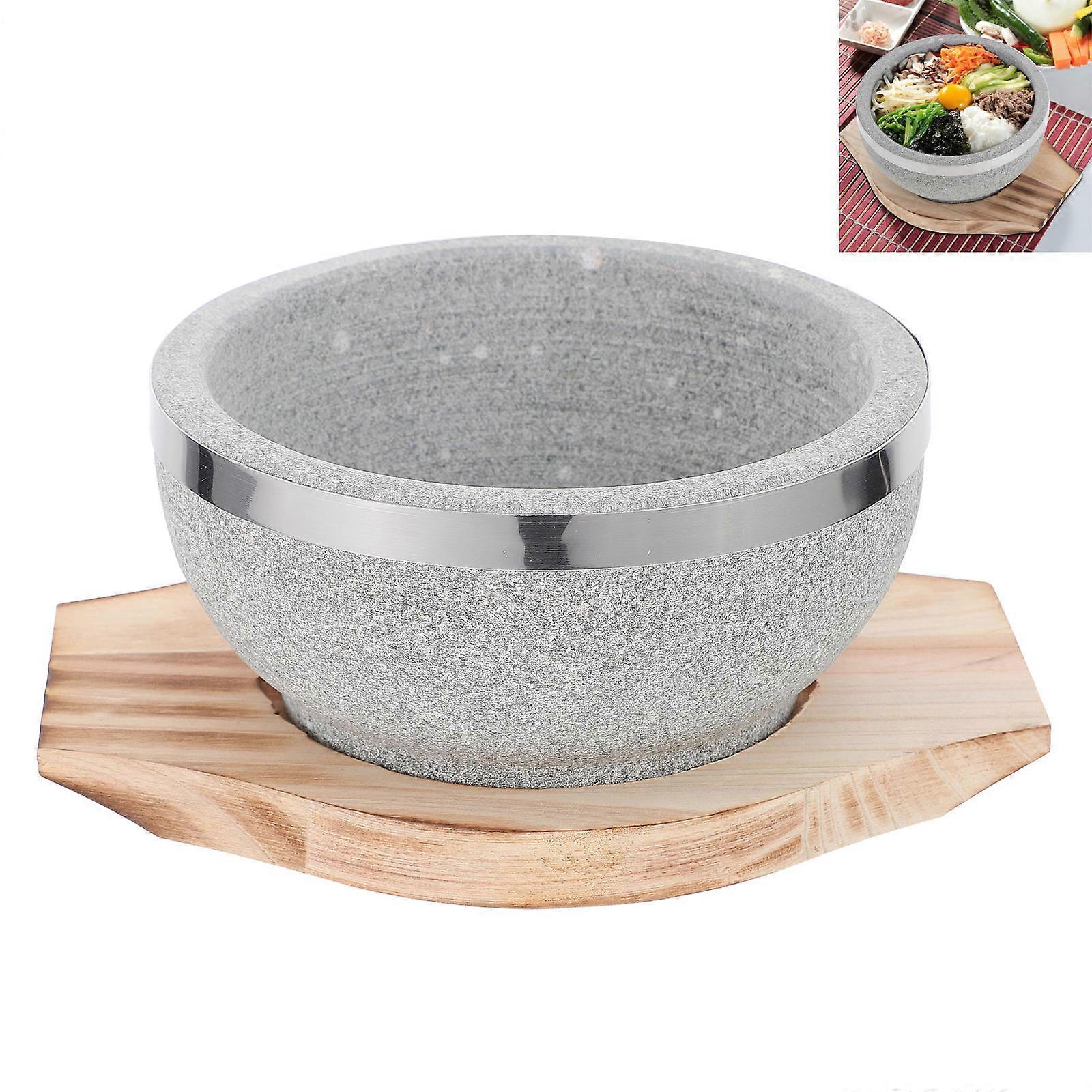 وعاء حجري بيبيمباب منزلي ومجموعة صينية خشبية للحساء الكوري والطعام