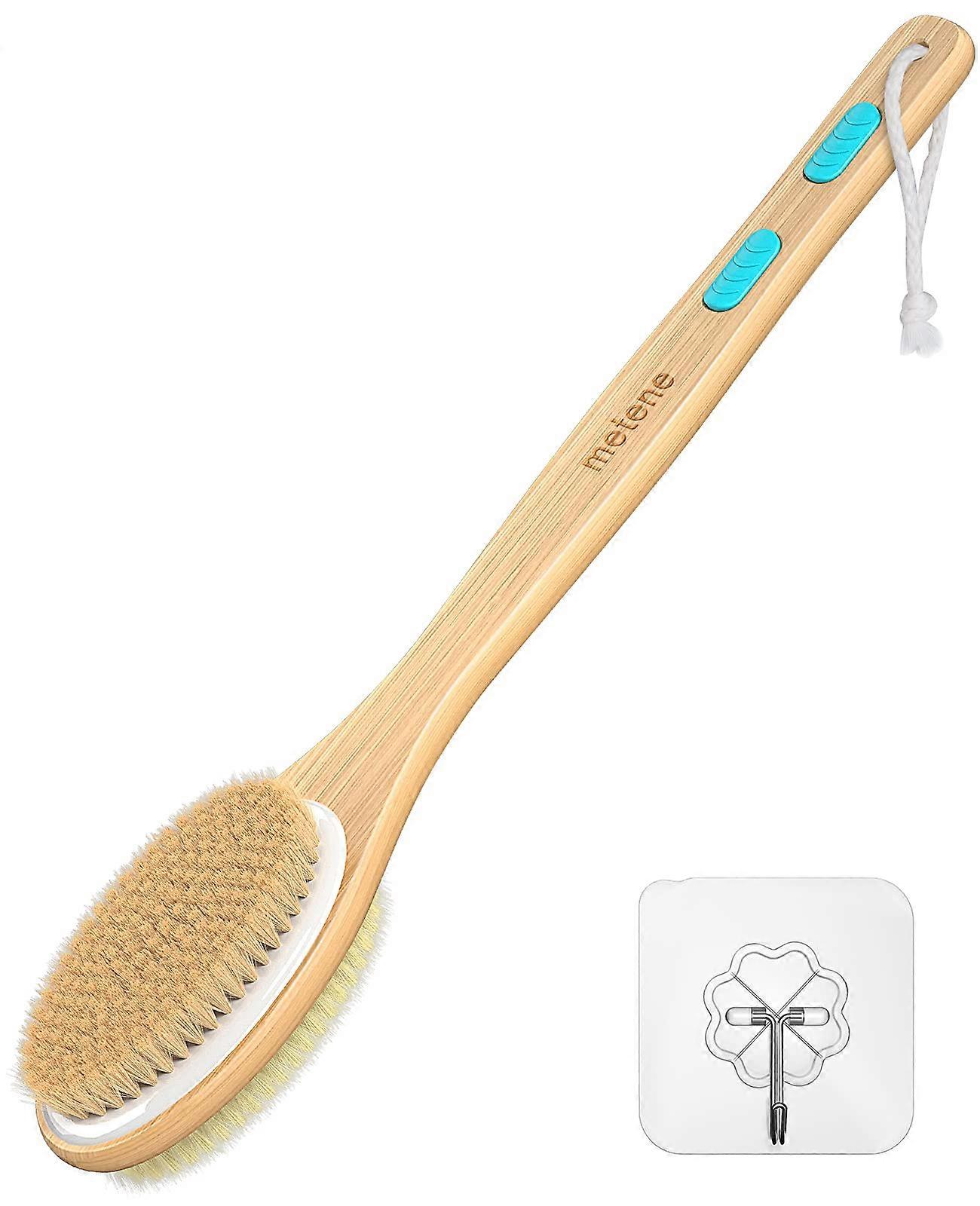 Back Scrubber Shower Brush DualSided Soft and Stiff Bristles 17in Wooden Handle for Wet or Dry Use
