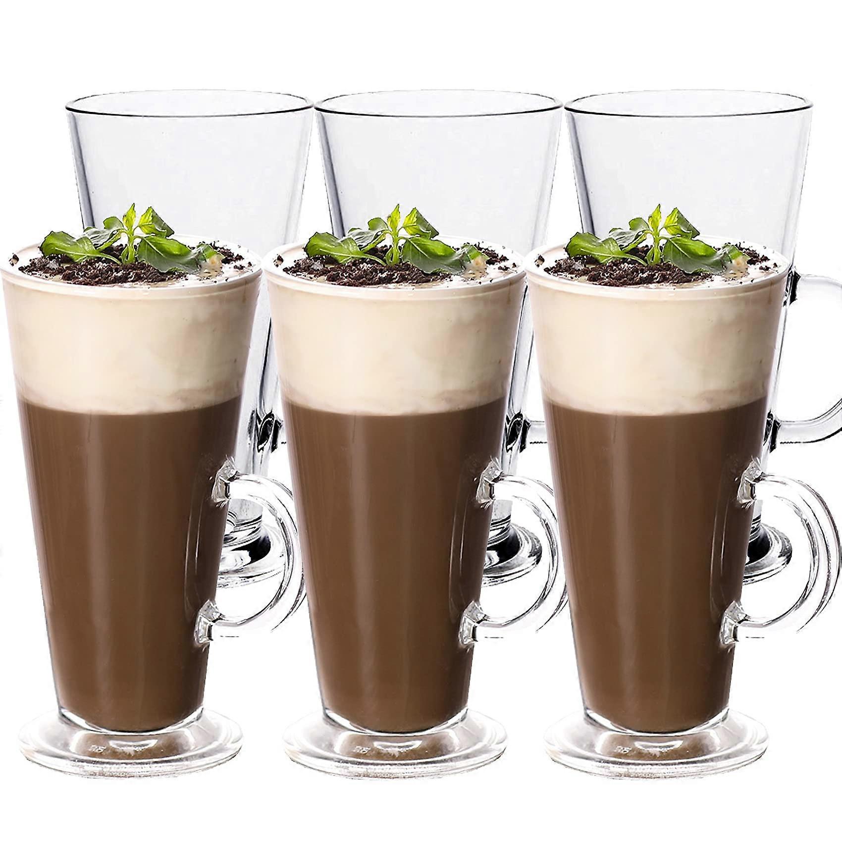 Set of 6 Tall Irish Coffee Mugs 9oz Clear Glass Latte Cups with Handles for Hot and Cold Drinks