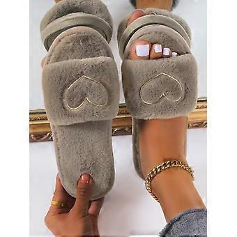 Women's Heart Embroidered Fuzzy Flat Slipper, Soft Plush Lining Bedroom Slippers, Wide Band Cute Warm Slippers for Fall Winter Khaki Footwea