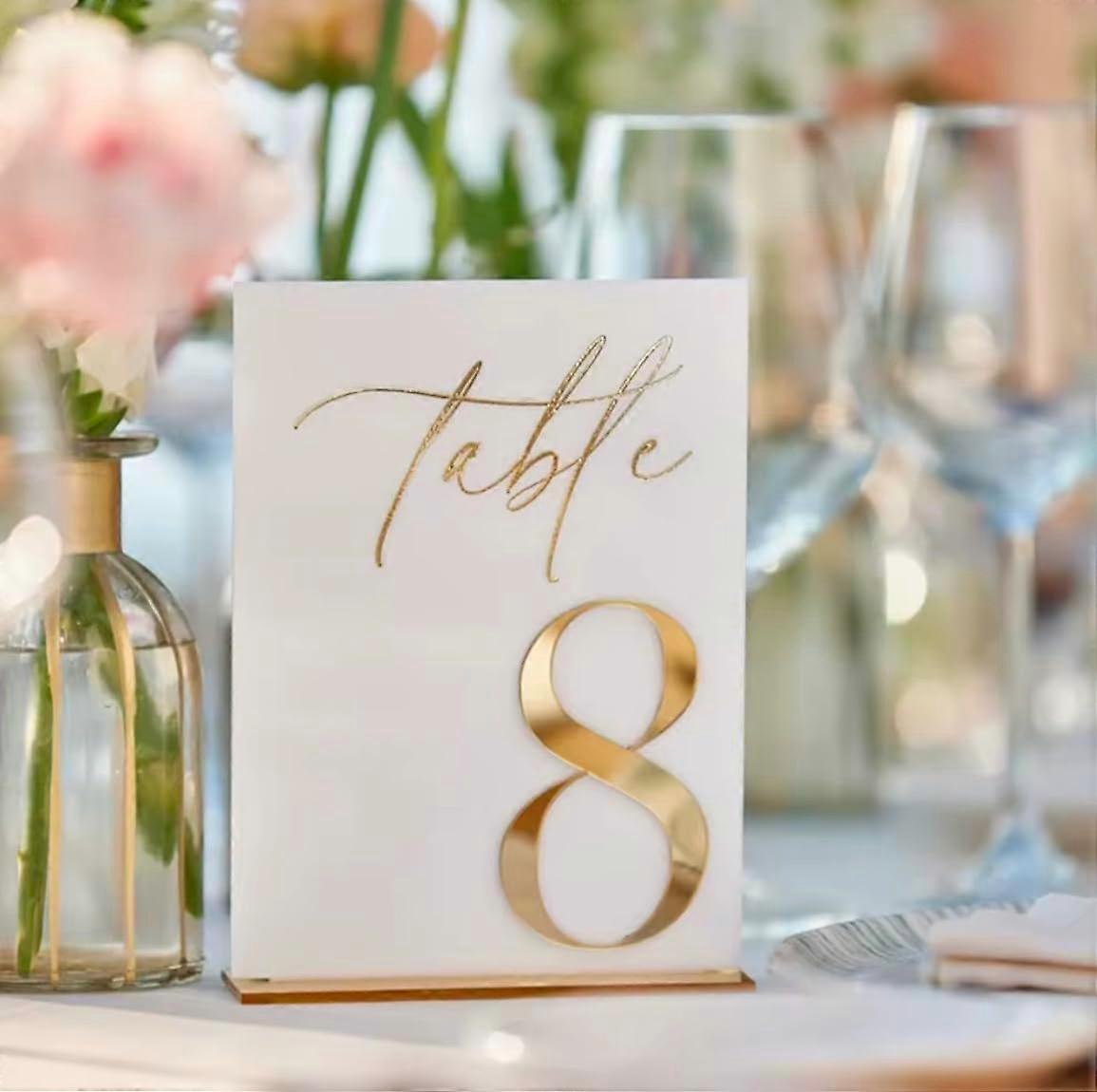 Acrylic Wedding Table Numbers 115 with Elegant Gold Script, DualSided White and Black Design