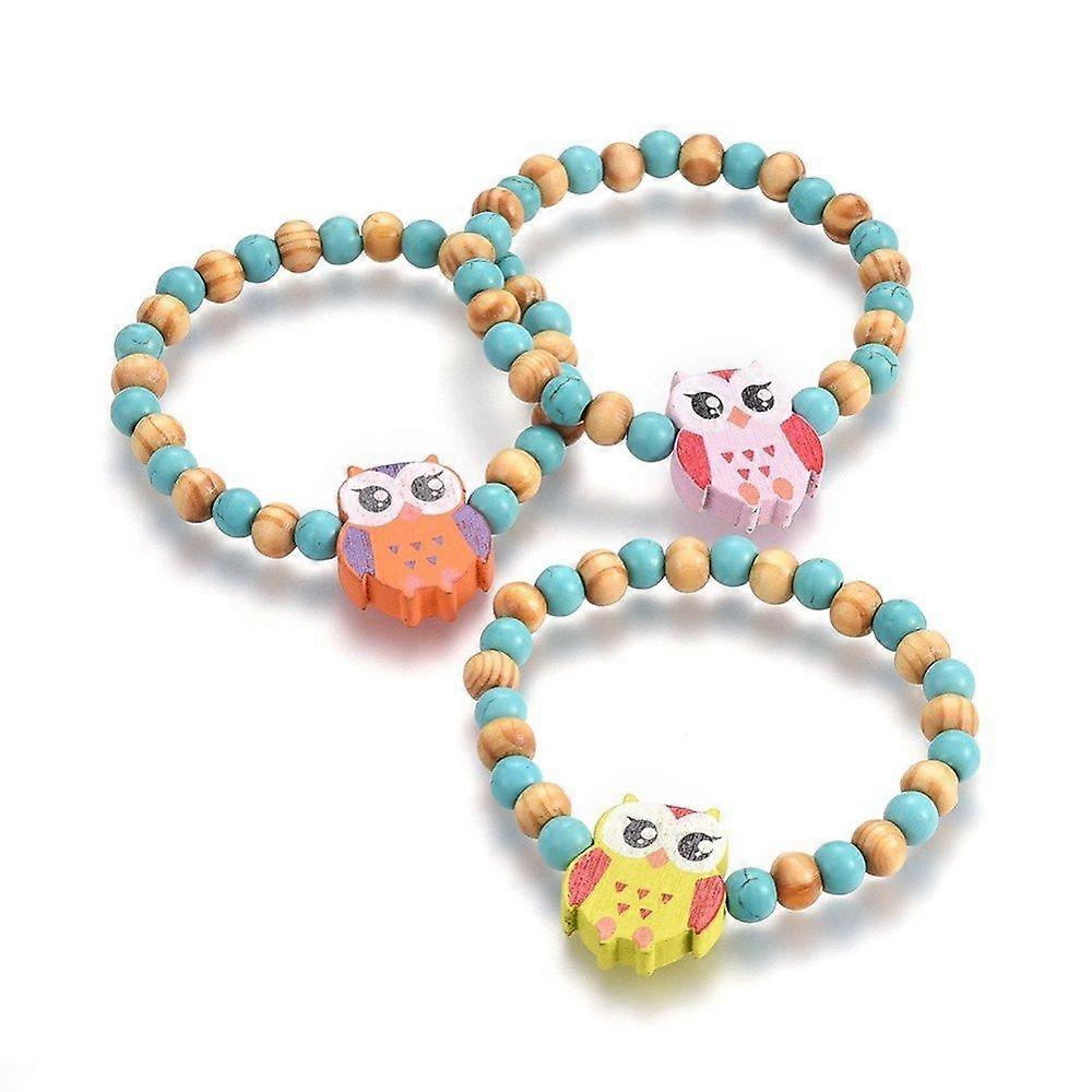 Pulseiras elásticas de contas de madeira com coruja turquesa em cores sortidas, 4,2 cm (1-5/8 polegadas)