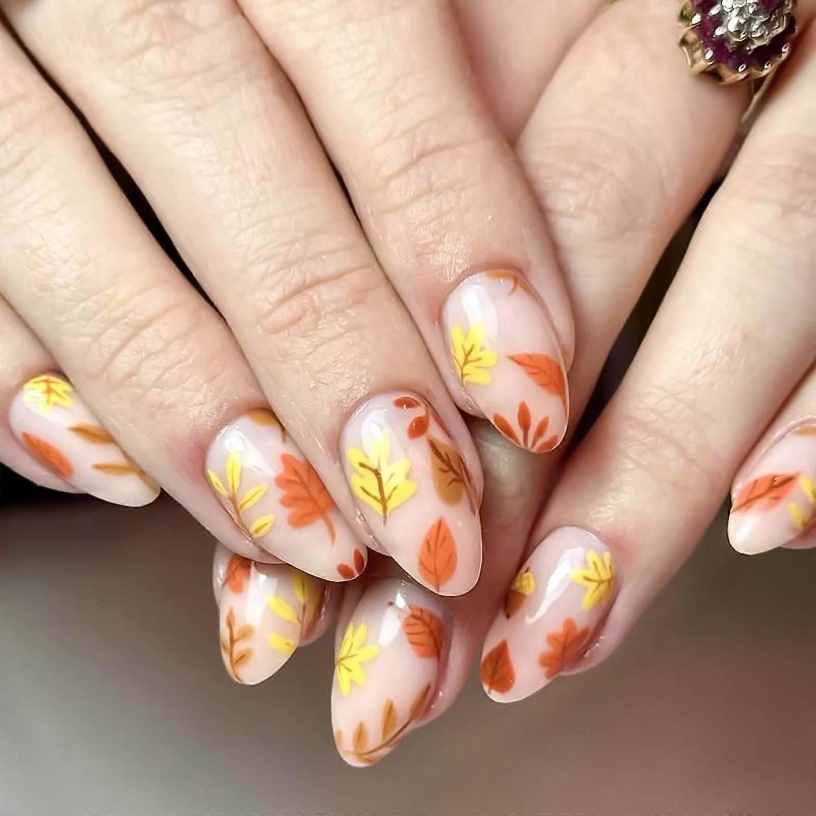 Fall Press On Nails Almond Shape Pink Maple Leaf Design Reusable Medium Length Fake Nails 24Pcs