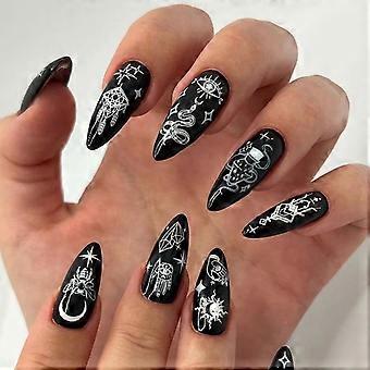 Long Stiletto Press On Nails Matte Black and White Snake Pattern Reusable Fake Nail Kit 24pcs