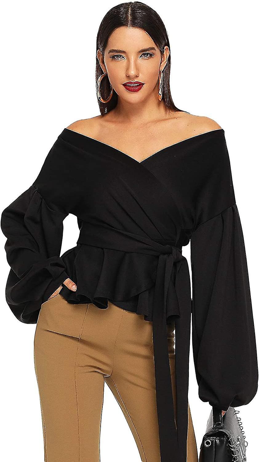 Camicia da donna a maniche lunghe con scollo a V volant sulla spalla sulla spalla Cravatta in vita Top