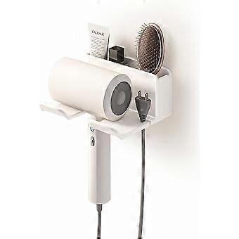 White Hair Dryer Holder, Wall Mounted Hair Dryer Holder No Drilling, Bathroom Storage with ABS Storage and Cable Management for Bathroom Bedroom Hotel